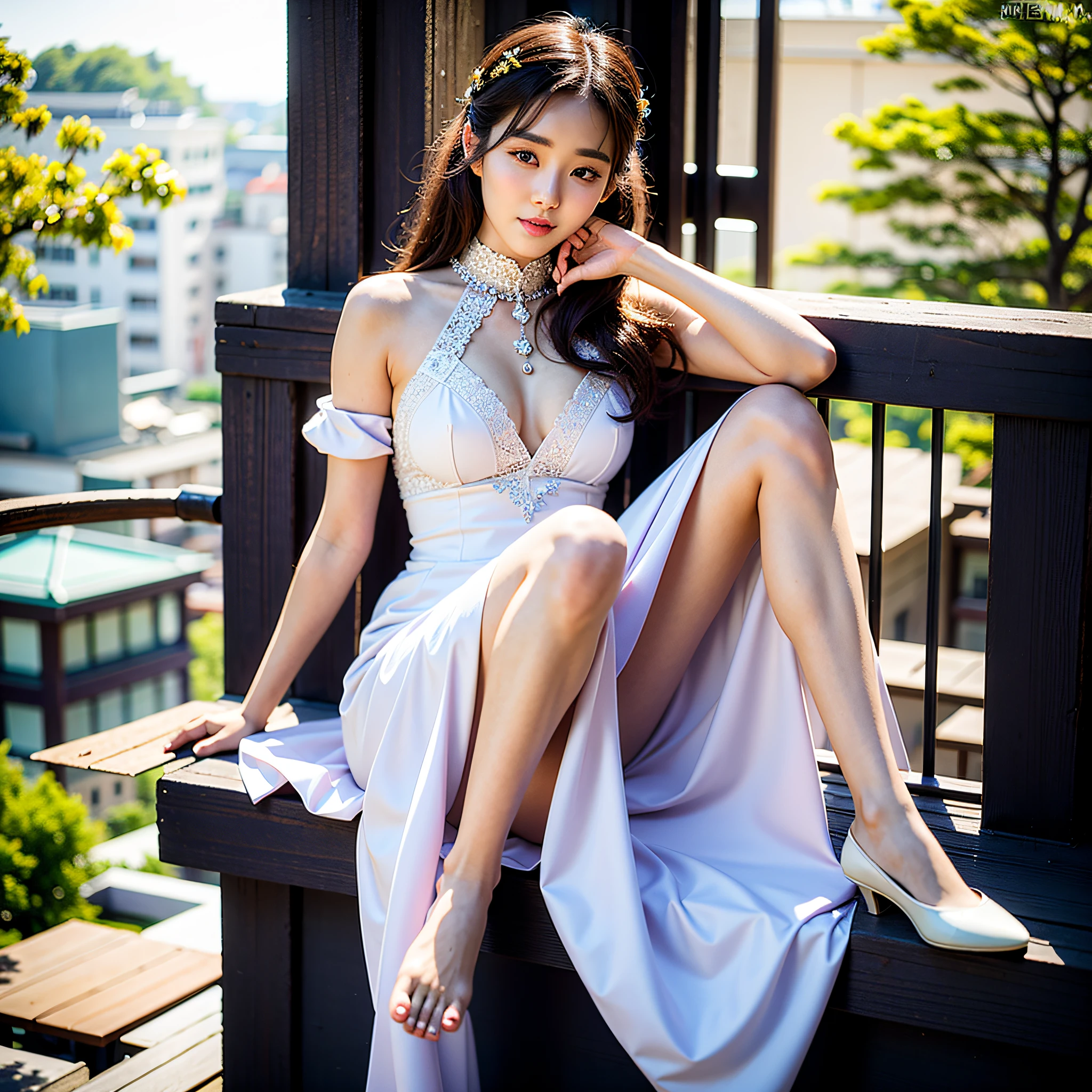 araffe woman in a dress sitting on a ledge with her legs crossed, beautiful south korean woman, korean women's fashion model, gorgeous young korean woman, sakimichan hdri, beautiful young korean woman, korean girl, sun yunjoo, korean woman, cute elegant pose, heonhwa choe, lovely woman, korean artist, attractive pose, colorful fashion