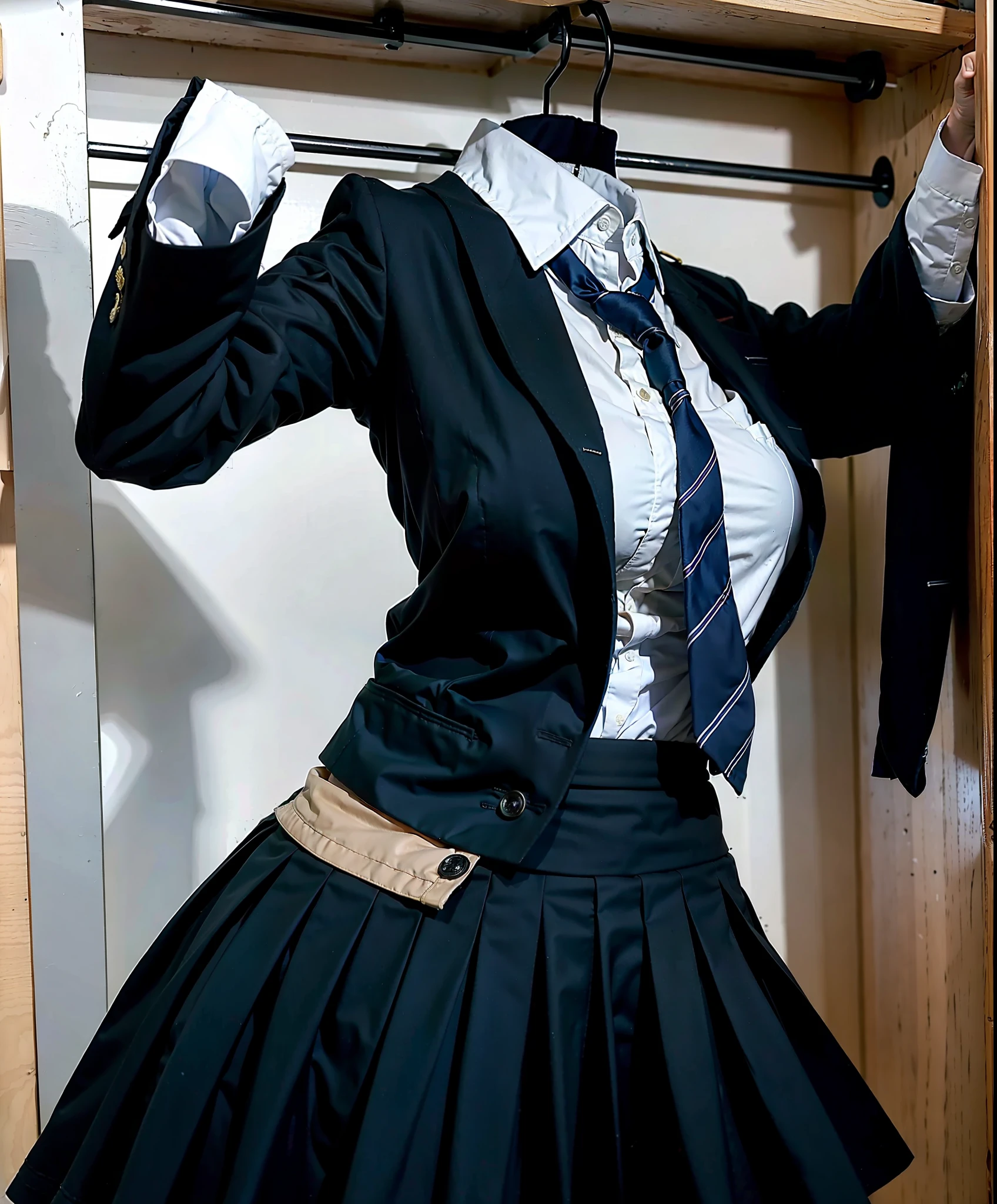 hanger school uniforms in closet raise their sleeves as if invisible girl wear it, school uniforms swells as if possessed by invisible girls, school uniforms have huge breasts, (((((no humans))))), (headless), faceless, invisible girls, (hanger), (in closet), hand on hip, (masterpiece), ((invisible)), huge breasts, very short skirt