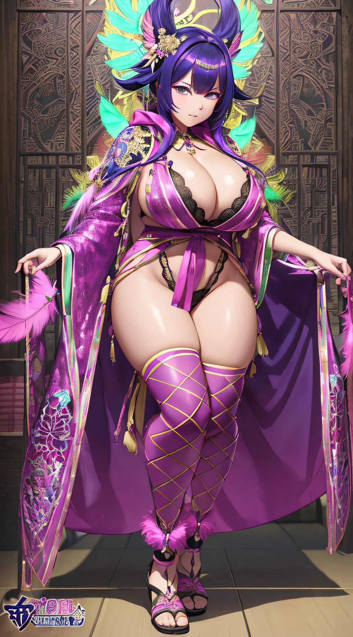 nighttime,full body,Genshin Impact:Yae Miko,(((Wearing Fluorescent fabric:harem outfit,Suzhoou embroidery technique:Lace sequin cloak woven from feathers))), Fabric Glows, Masterpiece,best quality,official art,extremely detailed 3DCG unity 8k, ( ##tattoo ##,tattoo, ~+ tattoo), (erfect female curves, huge stacked breast and proud cleavage),(A seductive gaze), Facing the camera, Pink lips,