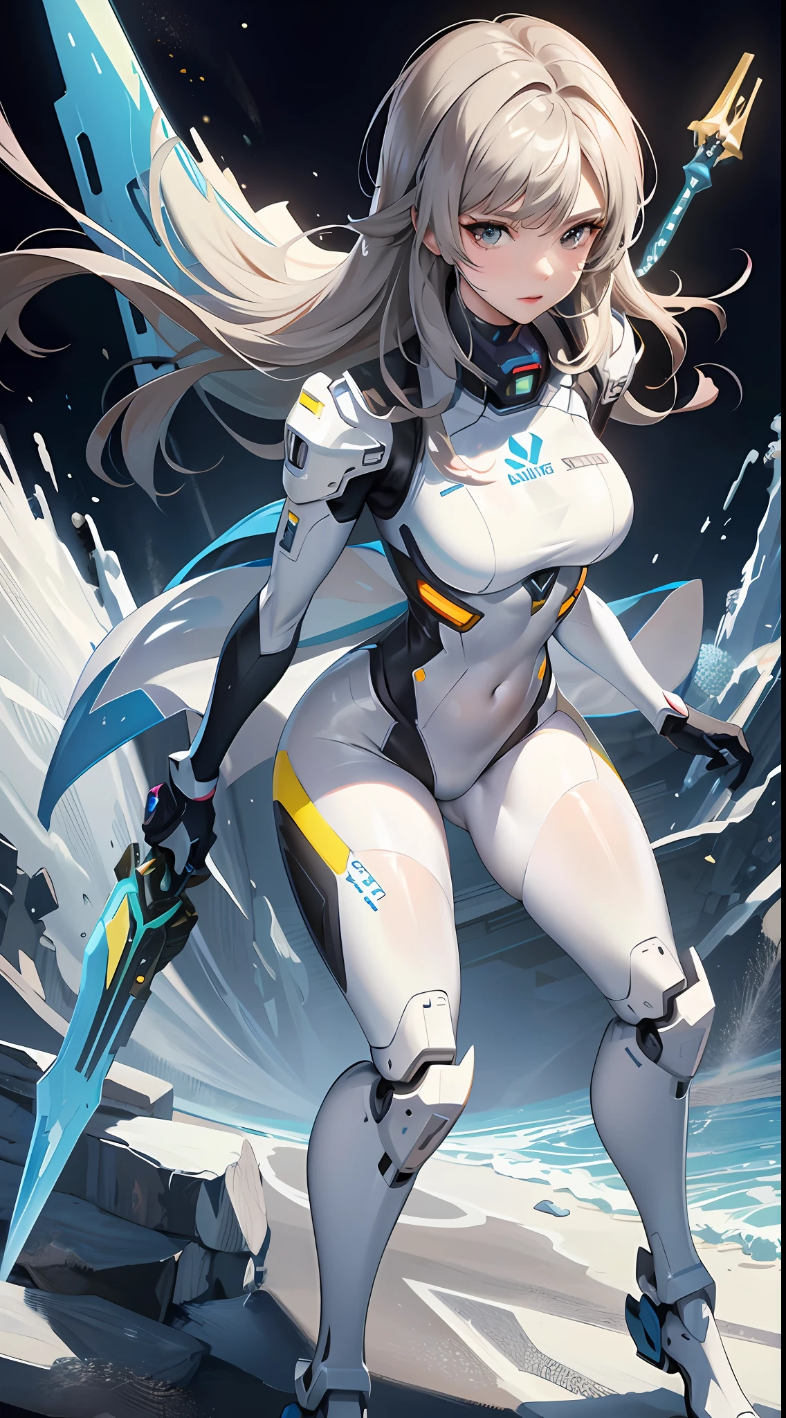 a woman in a futuristic suit with a sword,full-size photograph,Long legs, Slightly chubby,navel,Transparent skin,Perfect body shape,art feminine, Macro distance,mechanized valkyrie girl, ferra white mecha, girl in mecha cyber armor, female mecha, extremely detailed artgerm, echo from overwatch, Clear facial features,gorgeous female paladin,Advanced Rendering,depth of field