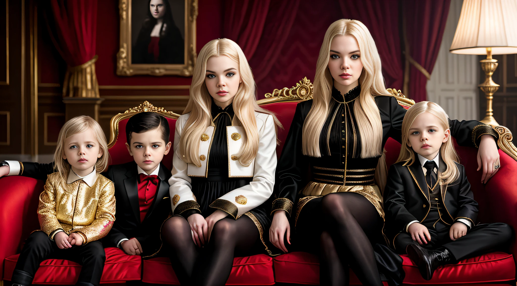 3 Russian children boys with 10 years old, WITH LONG STRAIGHT HAIR blonde, PORTRAIT STYLE, sitting on a burning red sofa7, promotional image, promotional image, photoshoot, promotional art, key art,- Joy vampire queen, by david rubín, netflix, lucifer the star, portrait shot, still, promotional, merge, promotional image of the film, portrait anya taylor-joy, charli bowater and artgeem
