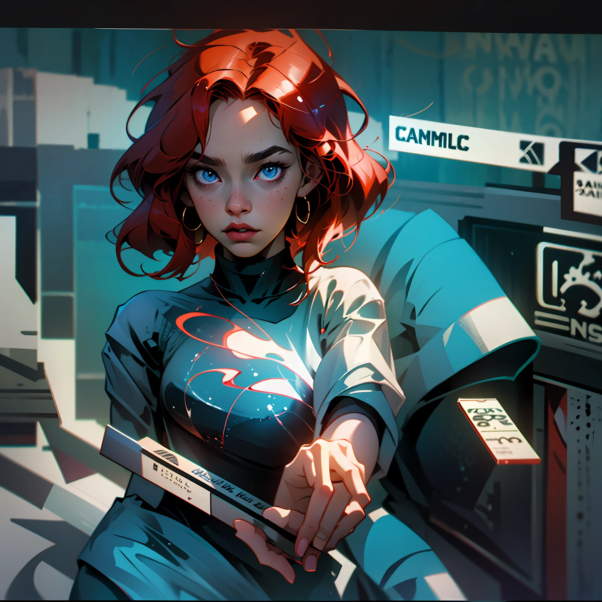 A woman with light skin, straight red hair, blue eyes, dressed in a spy outfit, comic book style --auto --s2