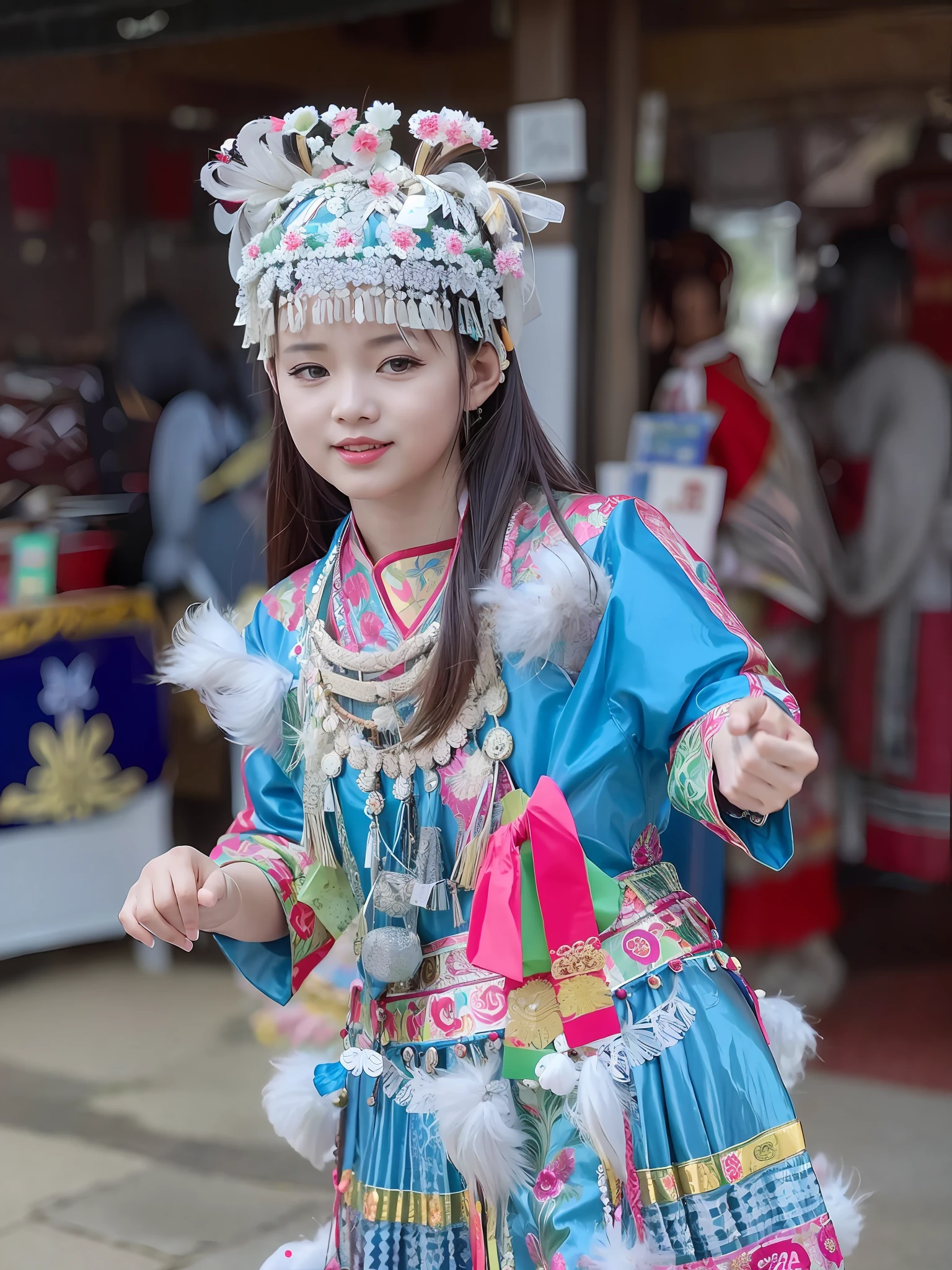 araffe girl in a colorful dress and tiable dancing in a market, traditional costume, traditional tai costume, traditional clothes, wearing authentic attire, traditional chinese clothing, traditional dress, traditional clothing, chinese girl, traditional chinese, chinese costume, authentic costume, traditional beauty, costume with blue accents, wearing beautiful clothes, beautiful costume, young asian girl, tai costume