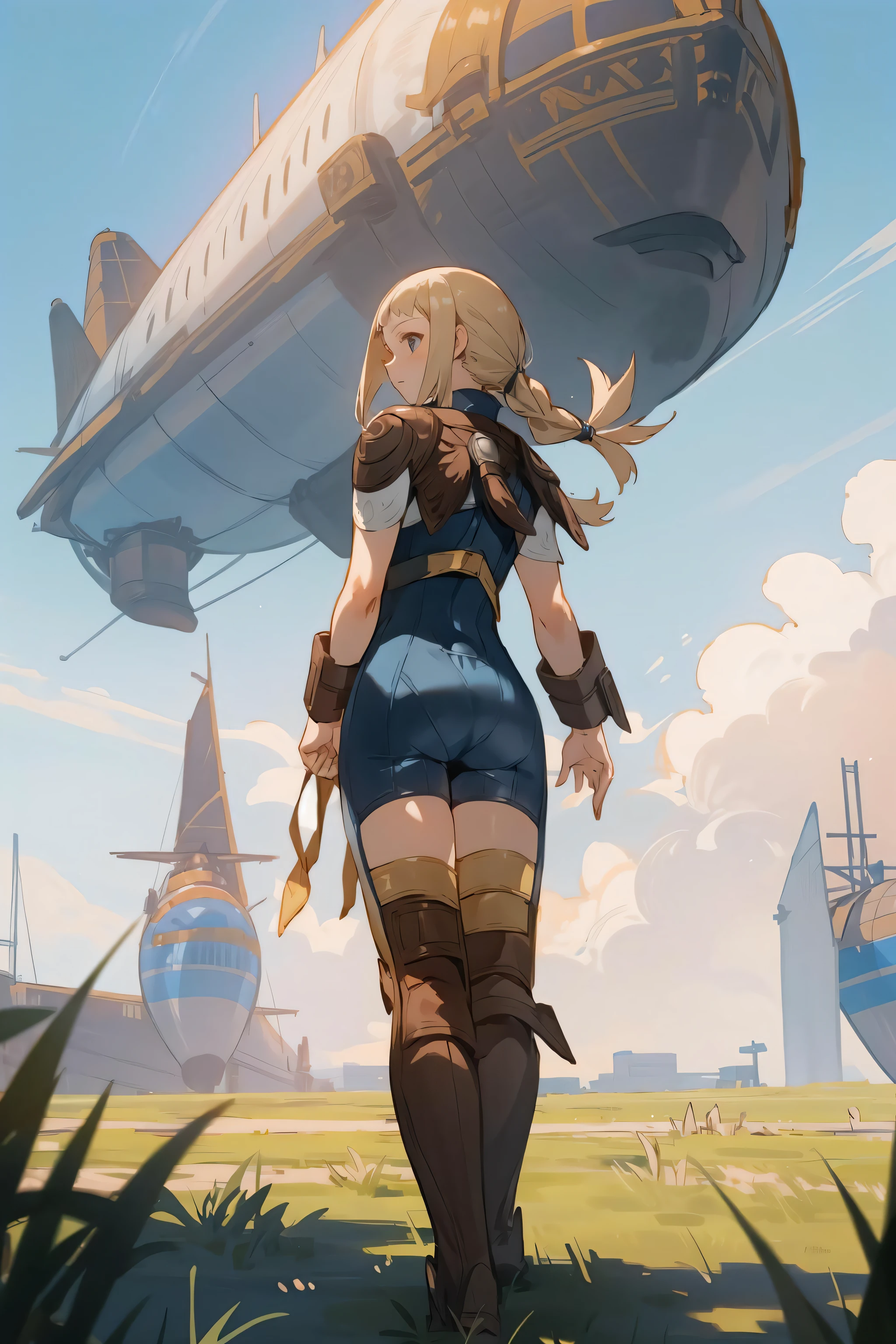 masterpiece, best quality, penelo_ff12, blue bodysuit, shoulder pads, bracers, knee boots, walking, from behind, back of head, plains, grass, looking up at airship, sky