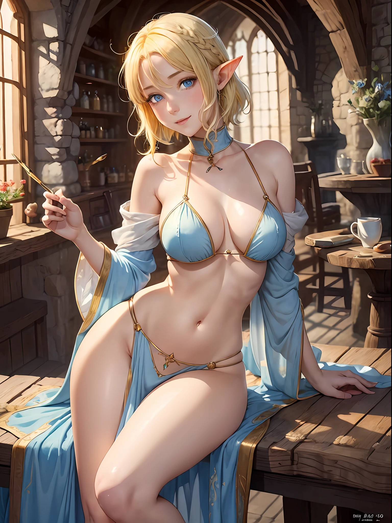 (watercolor: 1.2), tall and beautiful elf, light yellow hair, short hair, bright light blue eyes, hair between eyes, high resolution, large breasts, full body, showing navel and thighs, happy expression, fantasy, in a medieval inn --auto --s2
