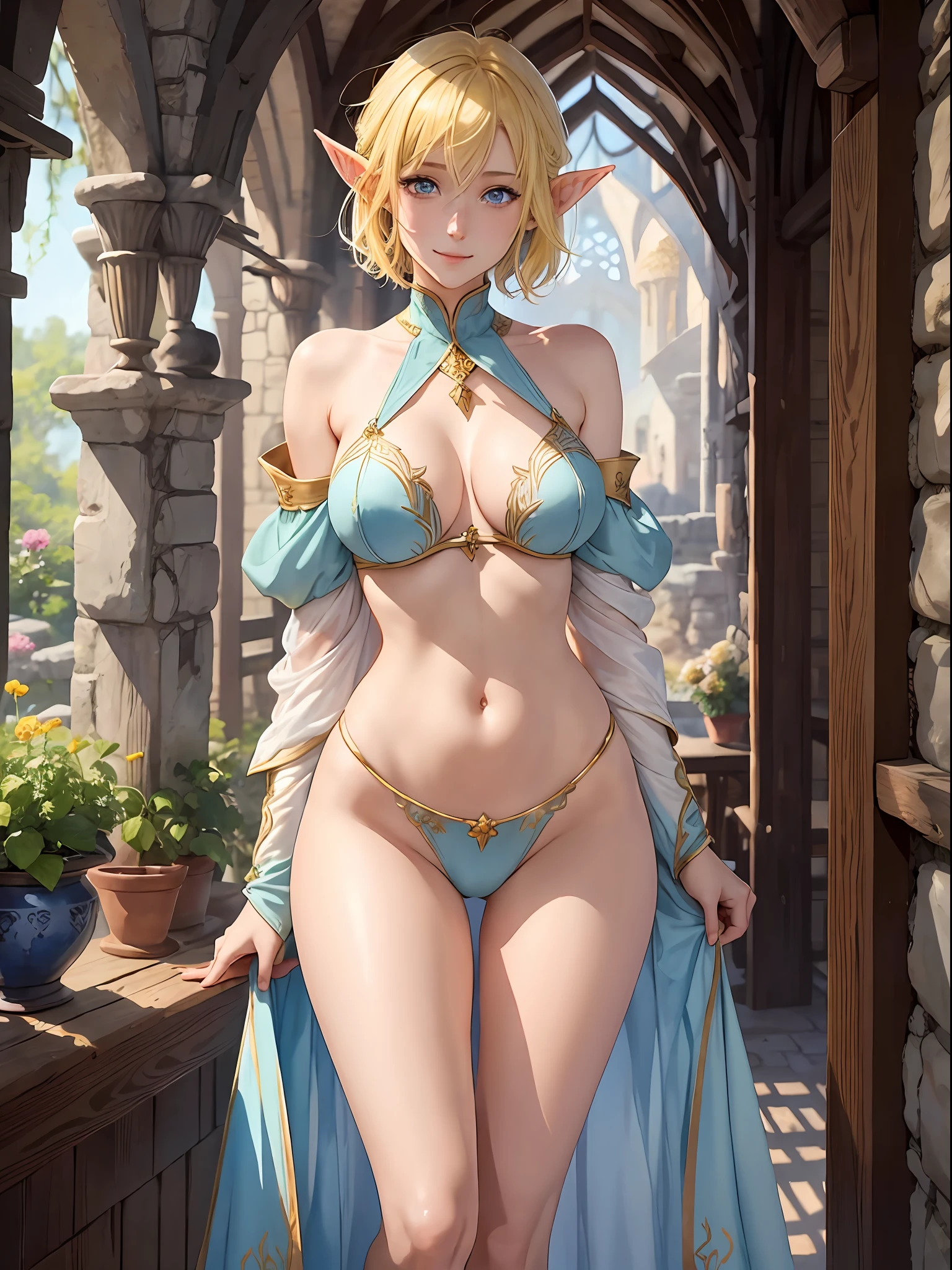 (watercolor: 1.2), tall and beautiful elf, light yellow hair, short hair, bright light blue eyes, hair between eyes, high resolution, large breasts, full body, showing navel and thighs, happy expression, fantasy, in a medieval inn --auto --s2