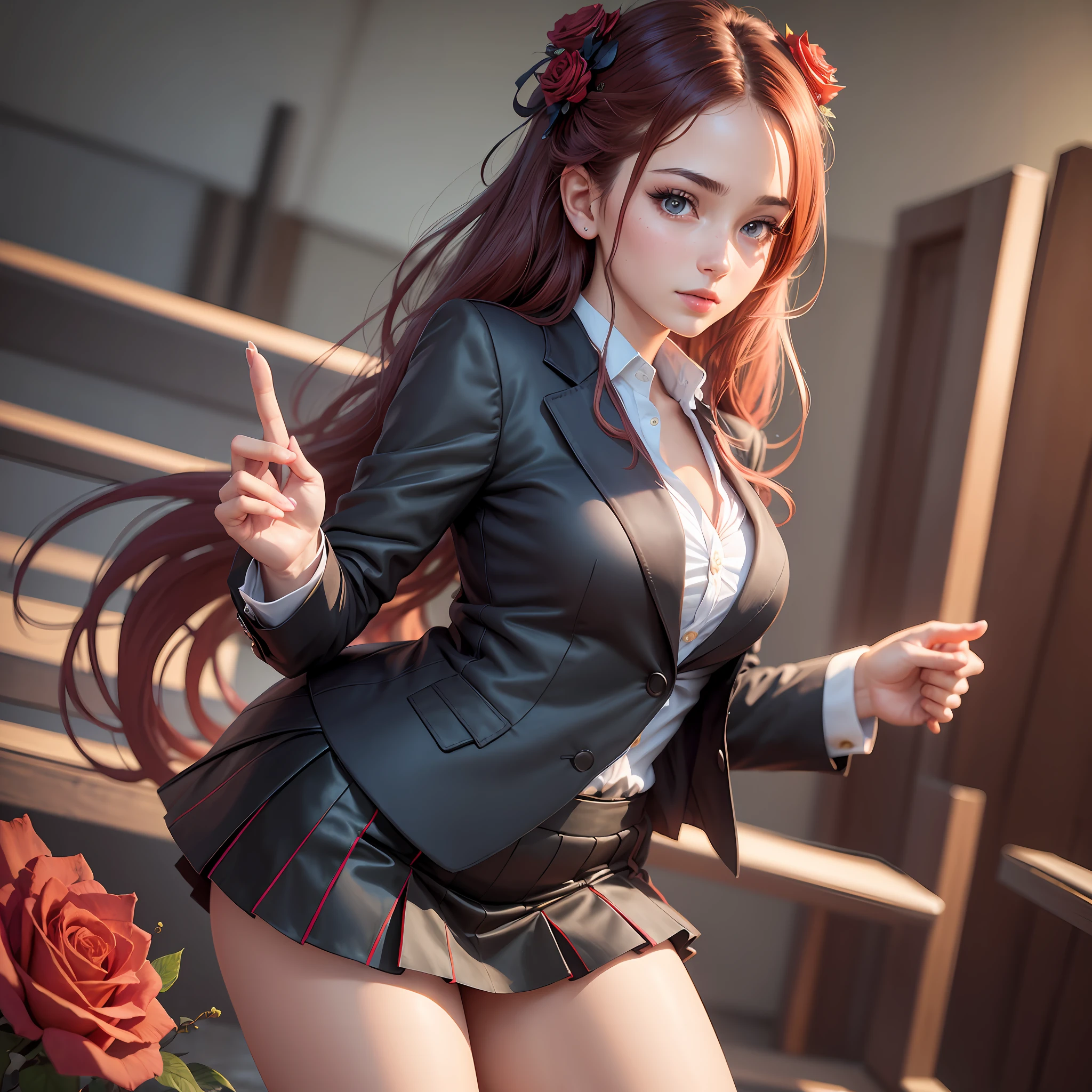 best quality, masterpiece, 1girl, Beautiful face, (photo realistic:1.3), glow skin, a red colored rose in her hair on the head, rim lighting, (high detailed skin:1.2), 8k uhd, dslr, high quality, high resolution, 4k, 8k, Bokeh, absurdres, best ratio four finger and one thumb, (realistic:1.3), cute 1girl, wearing black formal blazer, medium breasts, short skirt
