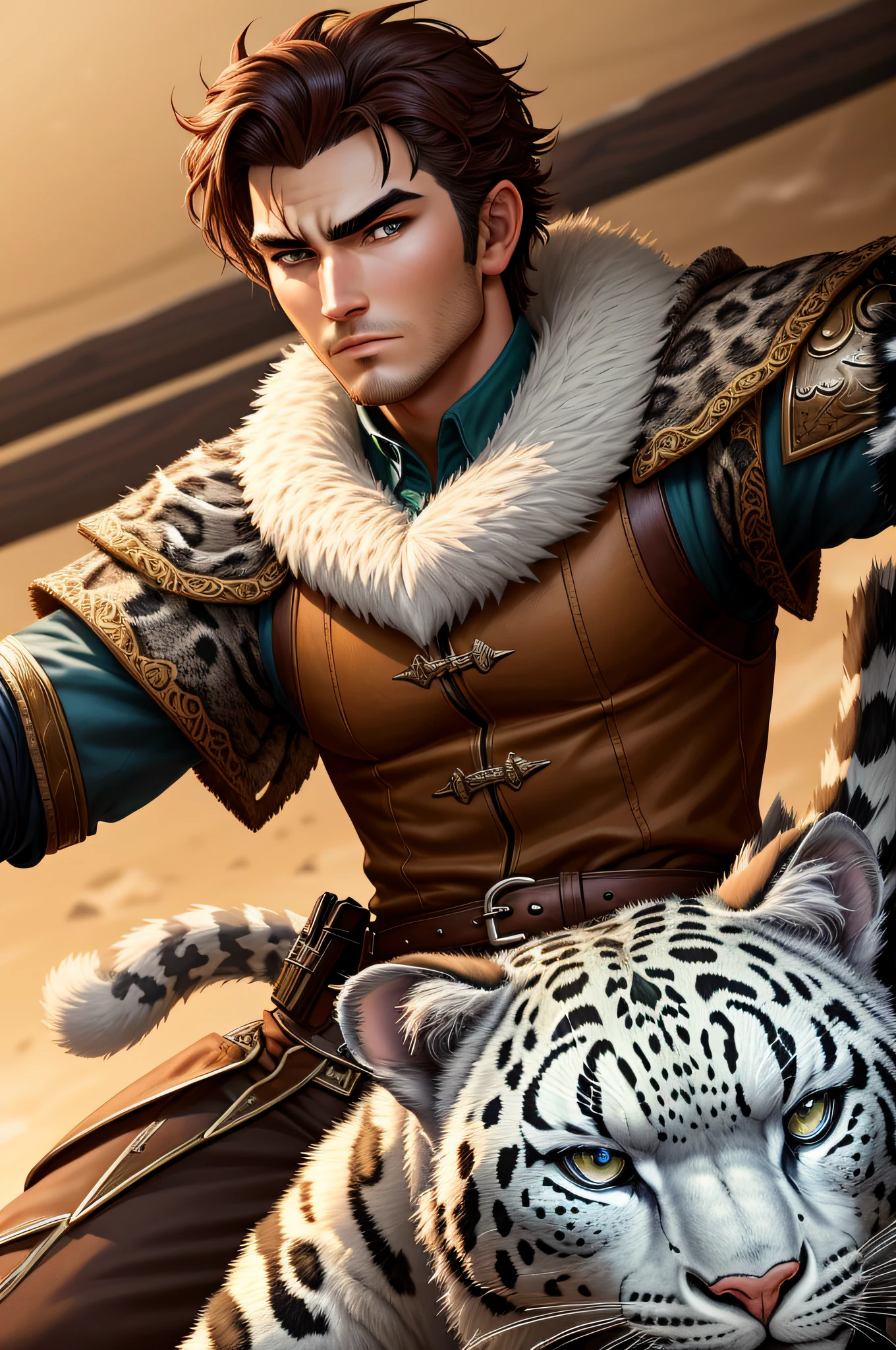 DND game character, a robust and handsome male human ranger mounted snow leopard, v-shaped eyebrows, scowl, glaring, armed with two daggers