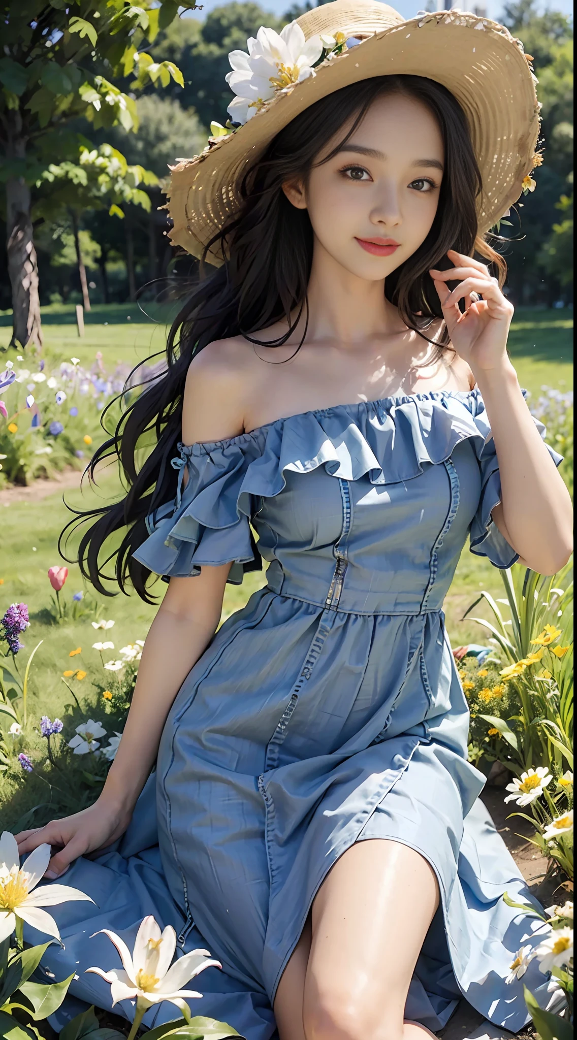 Best quality, masterpiece, super high resolution, (realism: 1.4), original photo, 1girl, blue dress, off-the-shoulder, blooming flower field, glowing skin, light smile, full body, full body photo