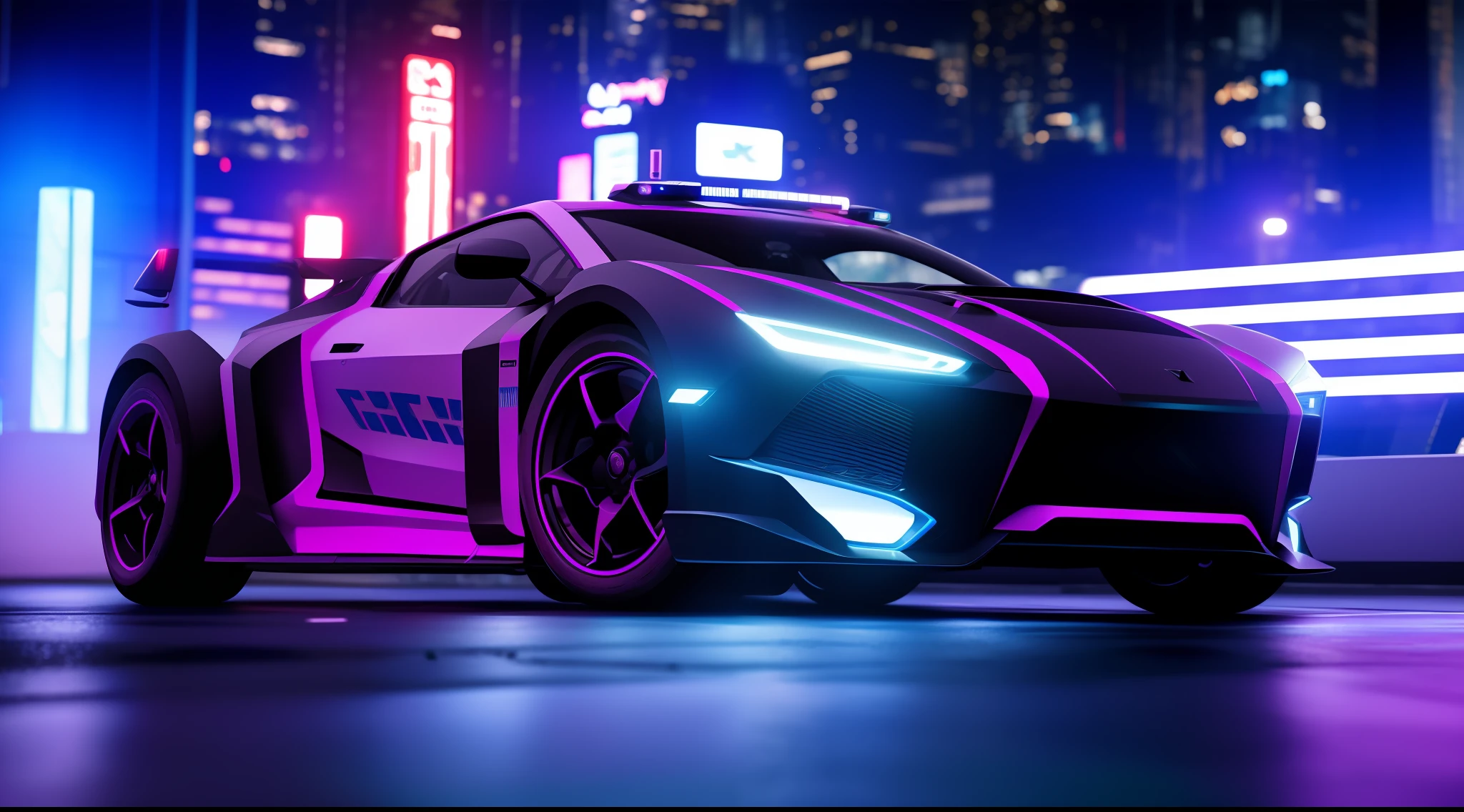Cyberpunk Futuristic Police Car, Action Shot, Vibrant, Photorealistic, Realistic, Dramatic, Dark, Sharp Focus, 8k