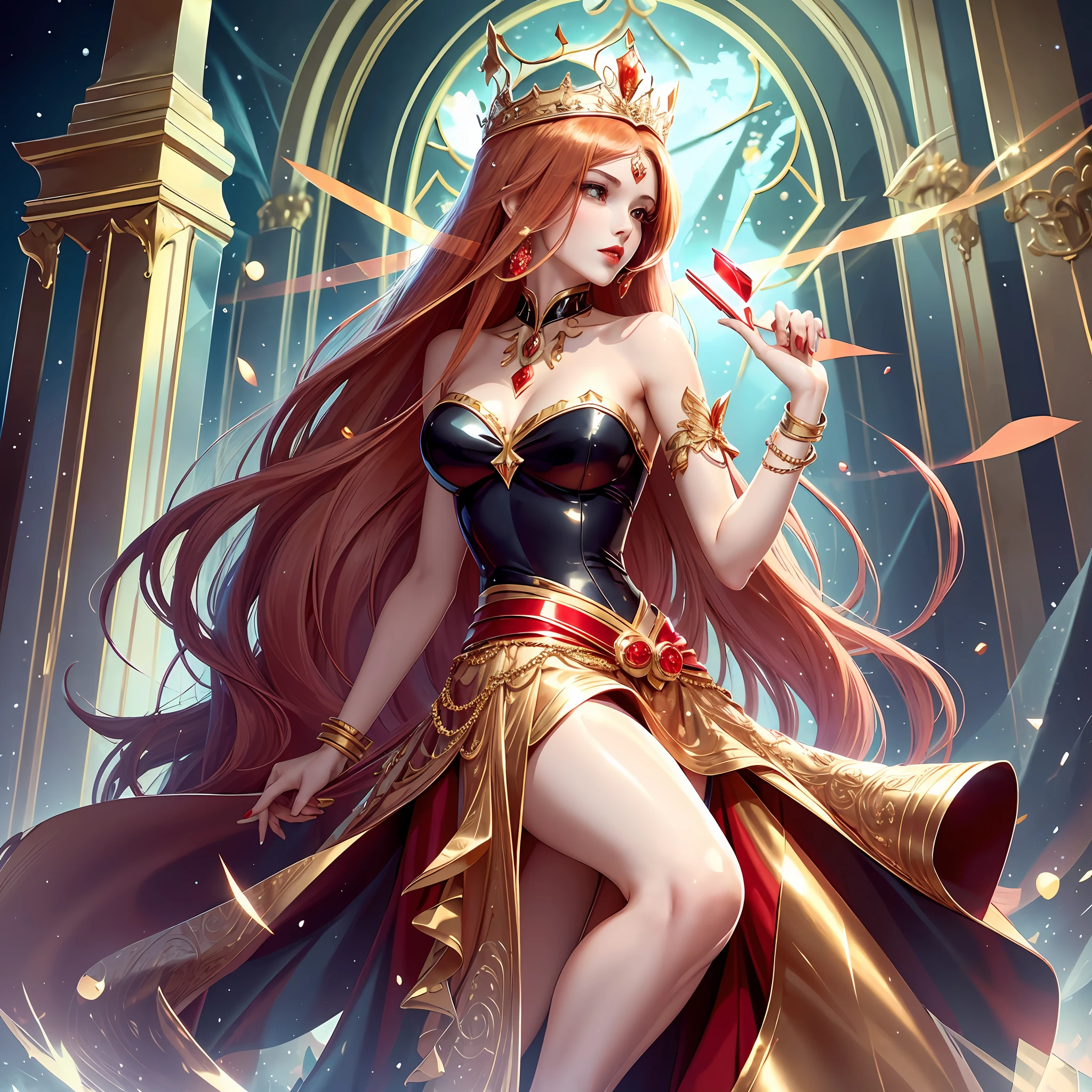 Animation style, queen image, beautiful figure, slender arms and legs, wearing a red long skirt, golden crown, red nails, red high heels, bright red lip gloss, rosy cheeks, black beautiful long hair, no bangs, cold and proud --auto --s2
