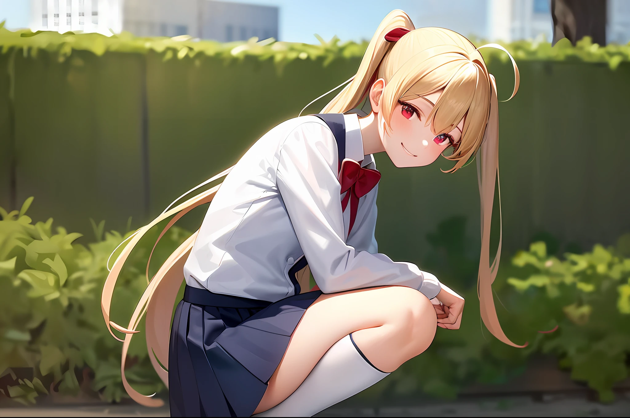 masterpiece, top quality, high resolution, in1, side ponytail, long hair, ahoge, white shirt, school uniform, blue skirt, long sleeve, red bow, white socks, black vest, garden, squatting, smile, blonde, red eyes,