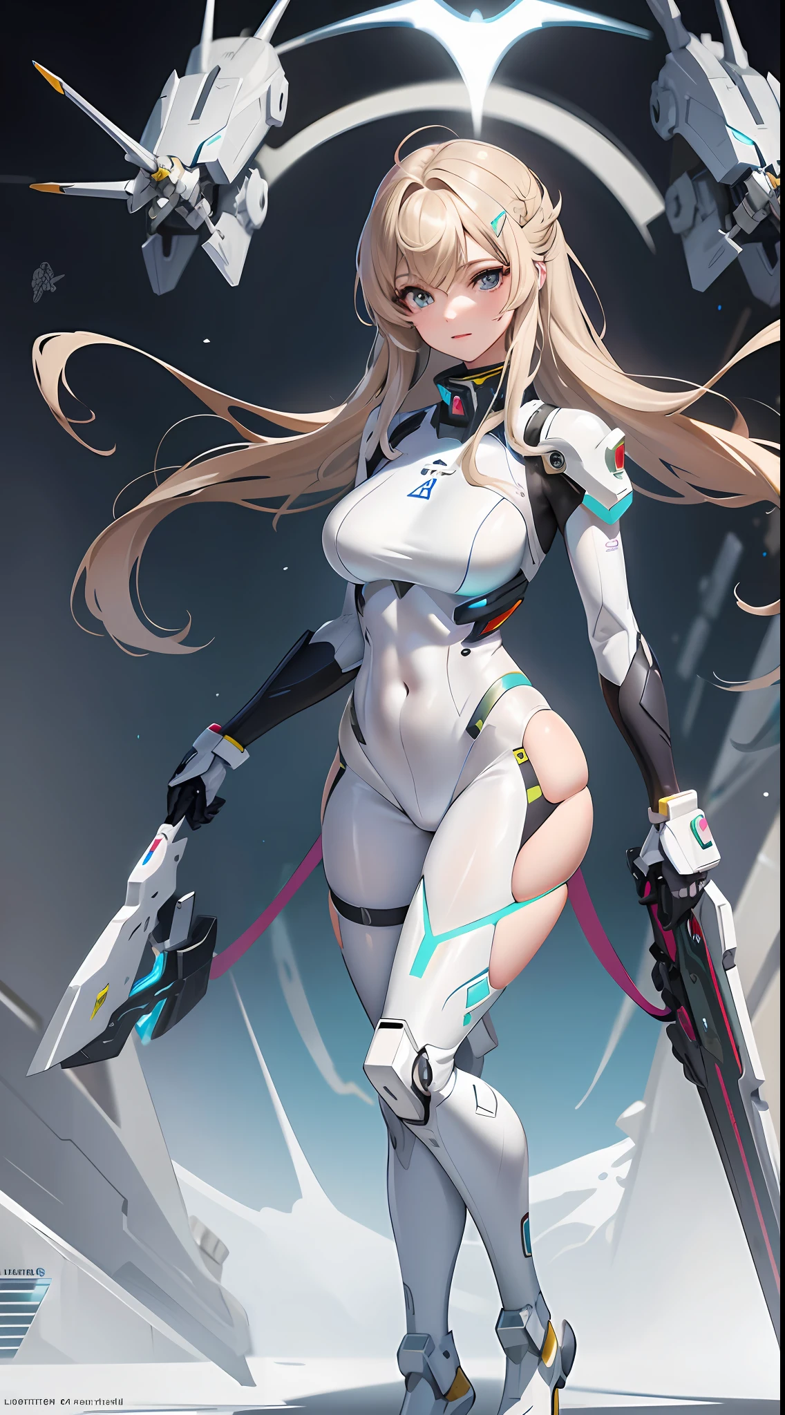 a woman in a futuristic suit with a sword,full-size photograph,Long legs, Slightly chubby,navel,Transparent skin,Perfect body shape,art feminine, Macro distance,mechanized valkyrie girl, ferra white mecha, girl in mecha cyber armor, female mecha, extremely detailed artgerm, echo from overwatch, Clear facial features,gorgeous female paladin,Advanced Rendering,depth of field