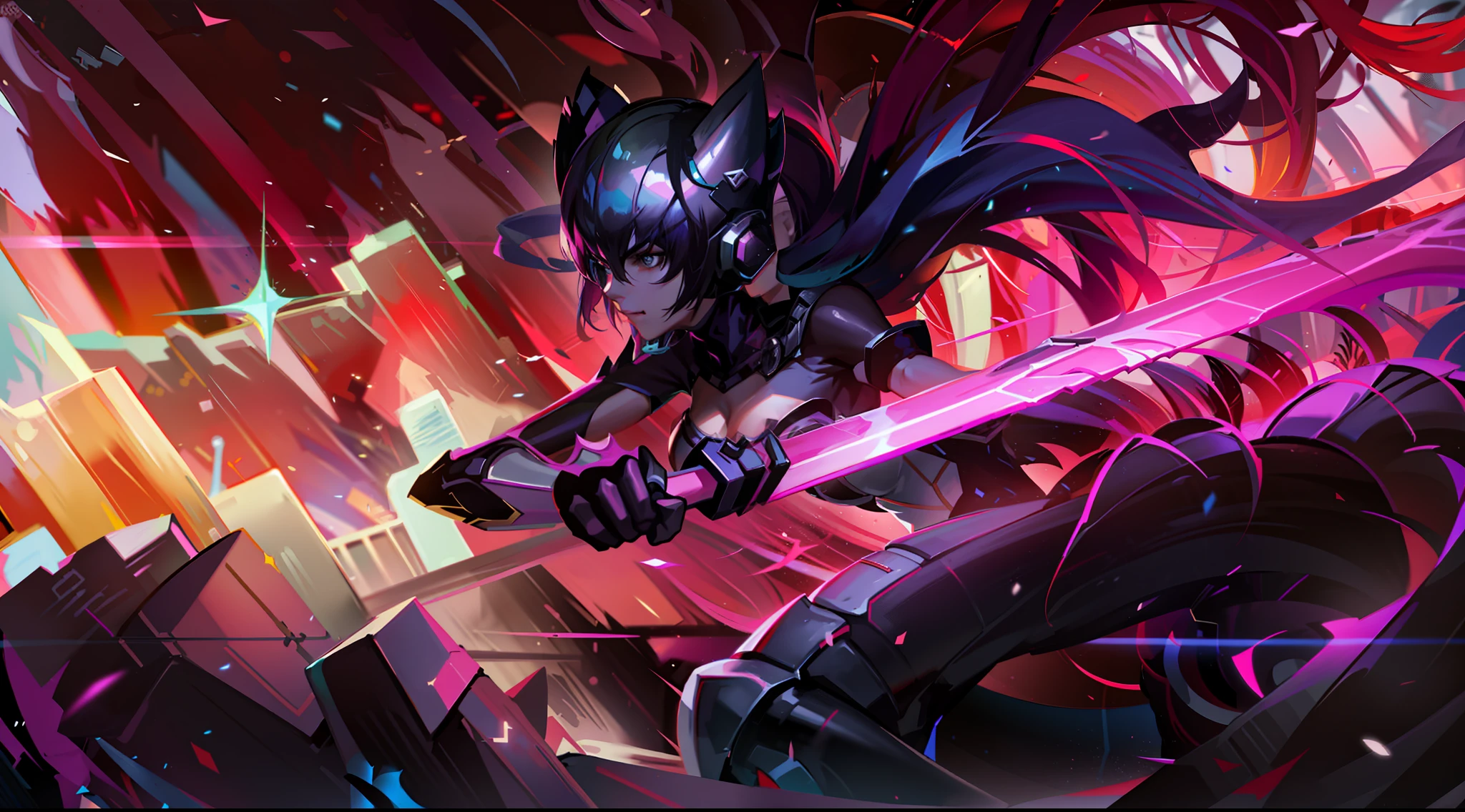 a close up of a person holding a sword in a dark room, style league of legends, splash art, fiora from league of legends, league of legends splash art, league of legends style art, league of legends art style, league of legends art, league of legends splashart, league of legends character, style of league of legends, kda, akali --auto --s2