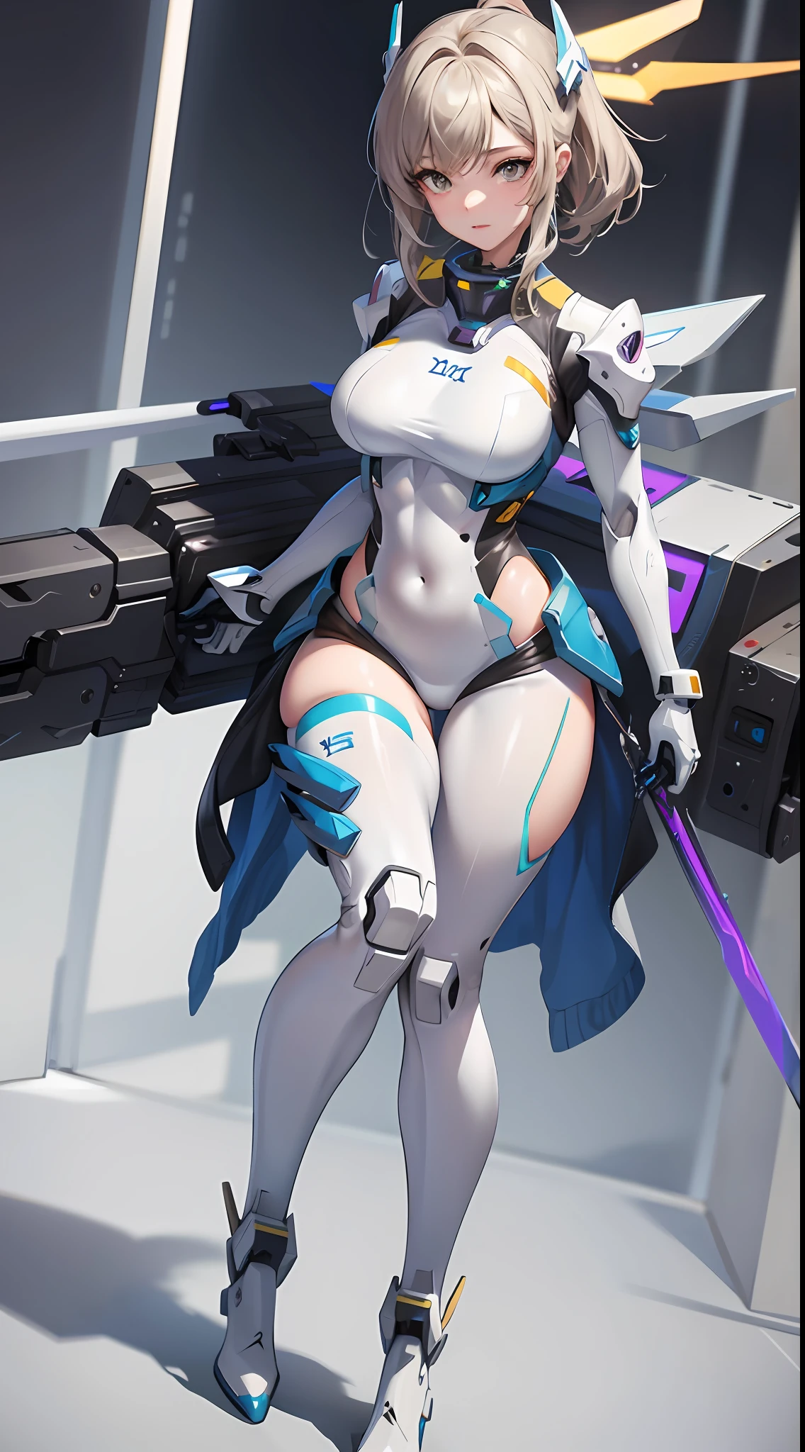 a woman in a futuristic suit with a sword,full-size photograph,Long legs, Slightly chubby,navel,Transparent skin,Perfect body shape,art feminine, Macro distance,mechanized valkyrie girl, ferra white mecha, girl in mecha cyber armor, female mecha, extremely detailed artgerm, echo from overwatch, Clear facial features,gorgeous female paladin,Advanced Rendering,depth of field