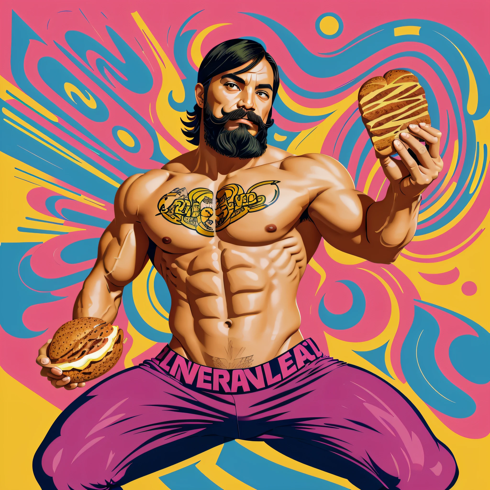 a full body no clothes macho man with mustache, getting ready to boast abs, holding a bread, ready to print on tshirt, intricately detaild, ultra high definition, centered, vector, intricately design tshirt art made in illustrator, vibrant color, isometric perfect ratio, colorfull graffiti style --auto --s2
