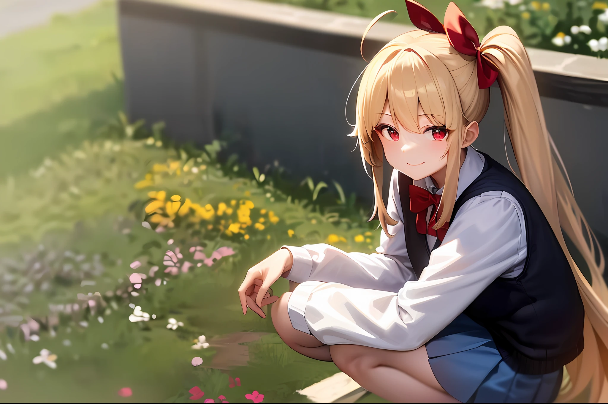 Masterpiece, Best Quality, High Resolution, In1, Side Ponytail, Long Hair, Ahoge, White Shirt, School Uniform, Blue Skirt, Long Sleeve, Red Bow, White Socks, Black Vest, Garden, Squat, Smiling, Blonde, Red Eyes, Middle School,