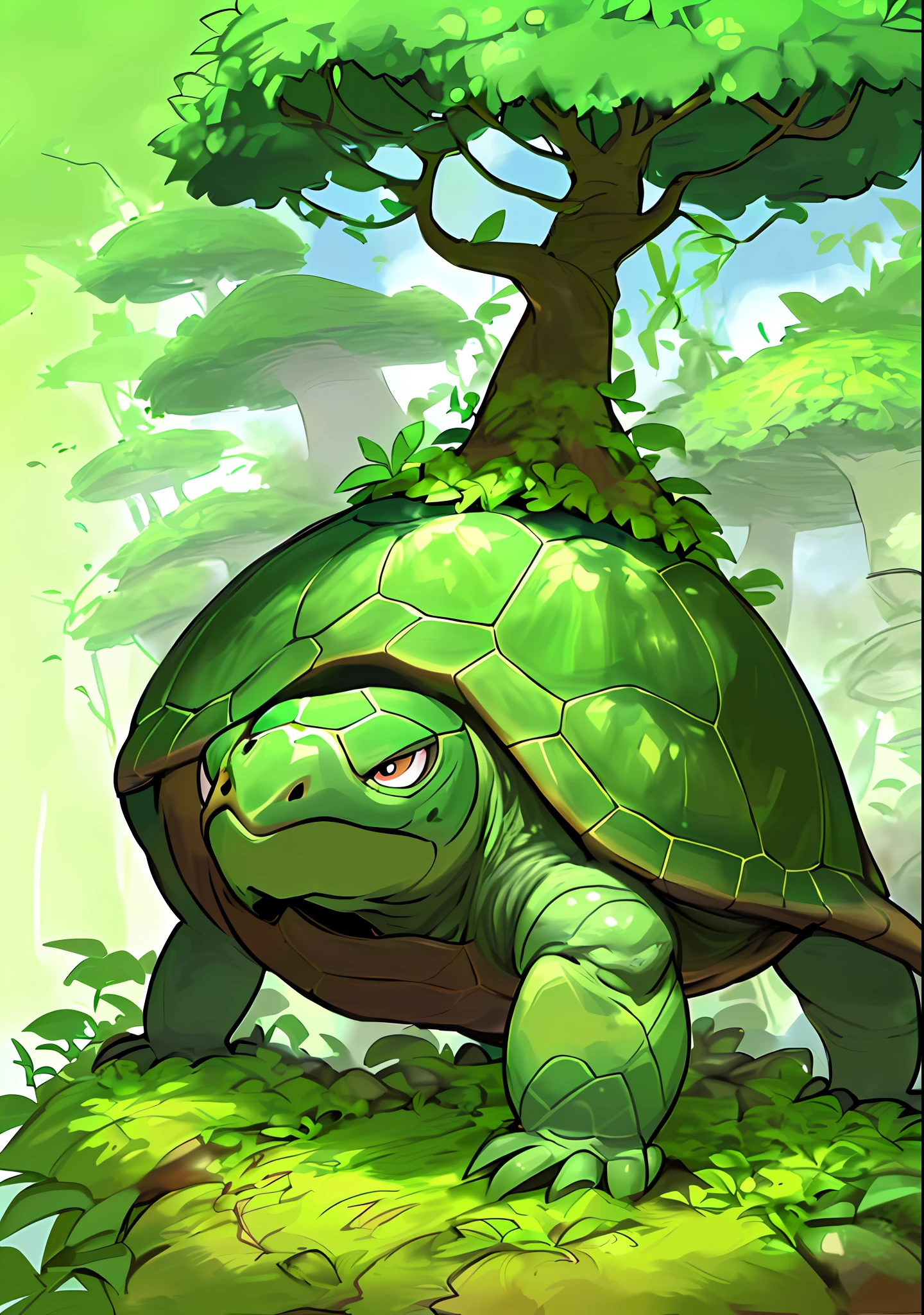 A Torterra Turtle Pokémon with green vines surrounding its body, standing proudly in a lush forest filled with other exotic pokemon and glowing mushrooms. ((Emphasizes "Turtle"+"Terra" symbolism in its design and plant element, highlighting the vibrant green and brown tree color palette)) ((a tree in its shell)) ((intimidating)) ((land turtle)) ((drawing style by Ken Sugimori))