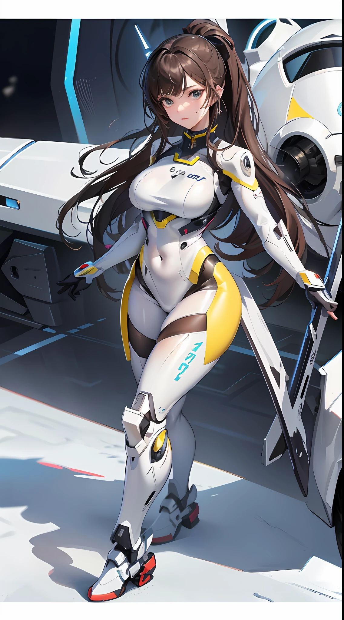 a woman in a futuristic suit with a sword,full-size photograph,Long legs, Slightly chubby,navel,Transparent skin,Perfect body shape,art feminine, Macro distance,mechanized valkyrie girl, ferra white mecha, girl in mecha cyber armor, female mecha, extremely detailed artgerm, echo from overwatch, Clear facial features,gorgeous female paladin,Advanced Rendering,depth of field