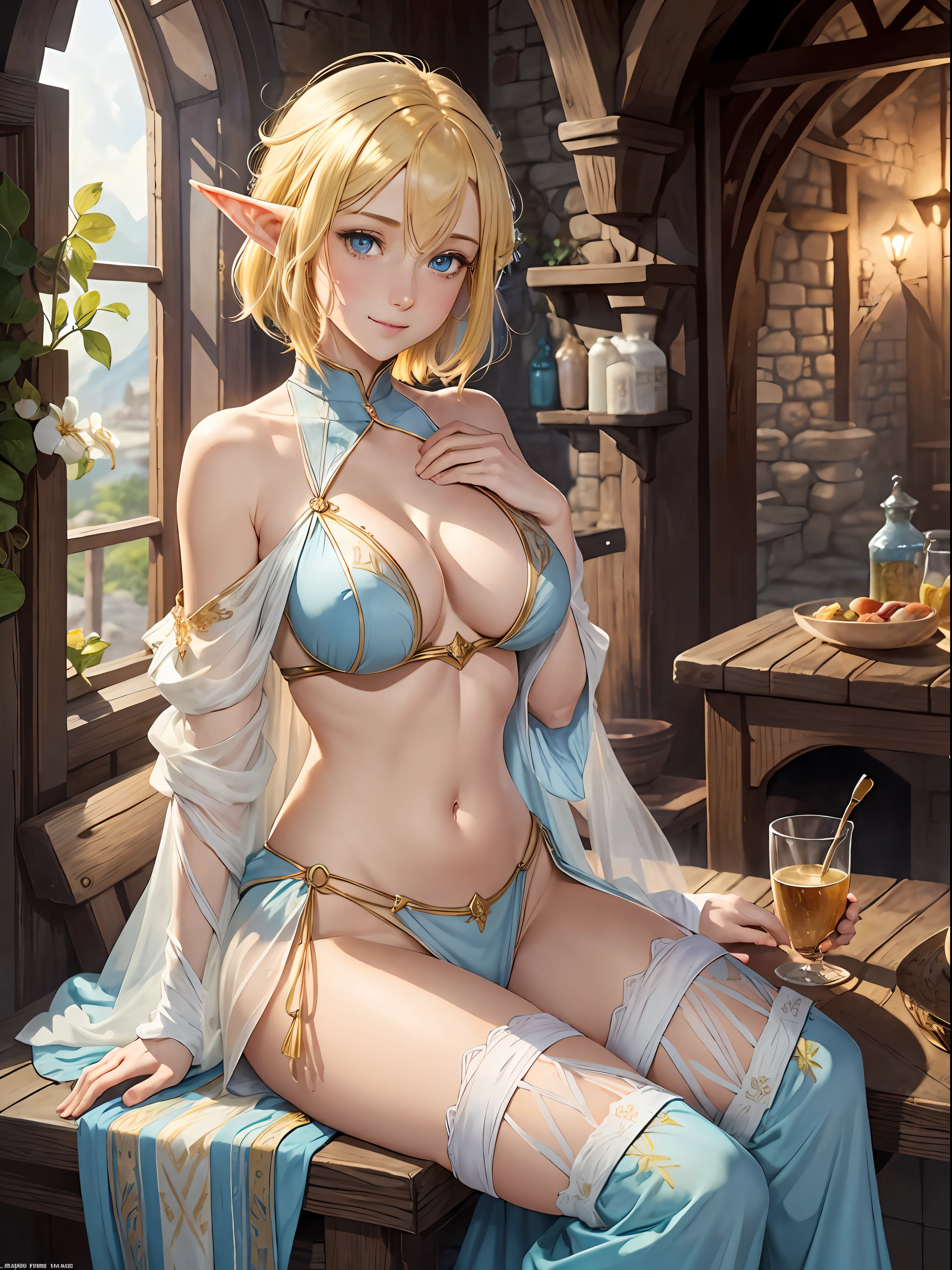 (watercolor: 1.2), tall and beautiful elf, light yellow hair, short hair, bright light blue eyes, hair between eyes, high resolution, large breasts, full body, showing navel and thighs, happy expression, fantasy, in a medieval inn --auto --s2