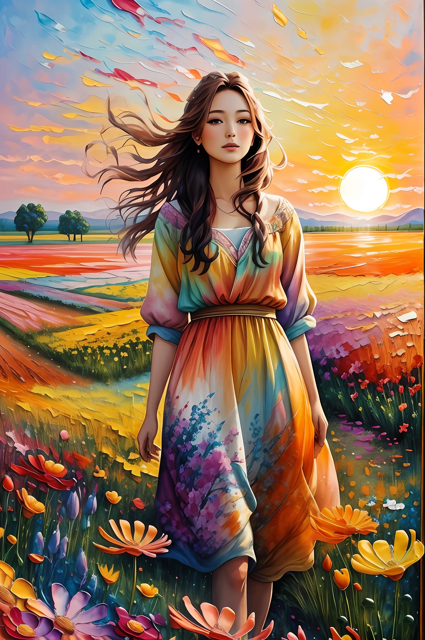 Woman, sunrise, field of flowers, alcohol paint and impasto mix painting, explosion,
yang08k, beautiful, colorful,
masterpieces, top quality, best quality, official art, beautiful and aesthetic,