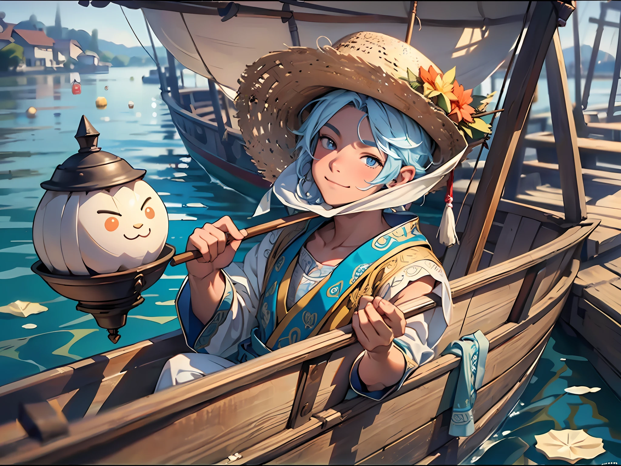A boy on a boat, holding rice dumplings in his hand, happy, happy, perfect quality, clear focus (clutter - home: 0.8), (masterpiece: 1.2) (Realistic: 1.2) (Bokeh) (Best quality) (Detailed skin: 1.3) (Intricate details) (8K) (Detail Eyes) (Sharp Focus), (Happy)