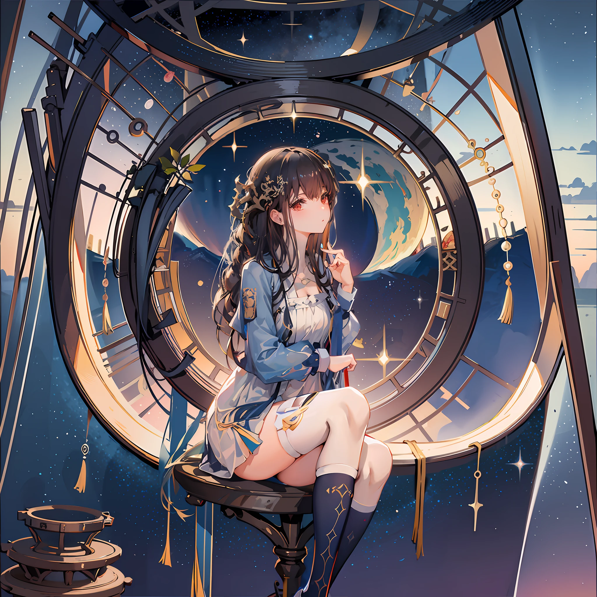 anime girl sitting on a clock with a view of the earth, trending on cgstation, high detailed official artwork, beautiful fantasy anime, by Yang J, portrait anime space cadet girl, anime fantasy illustration, official artwork, trending on artstation pixiv, alice x. zhang, beautiful celestial mage, from the azur lane videogame, a beautiful artwork illustration