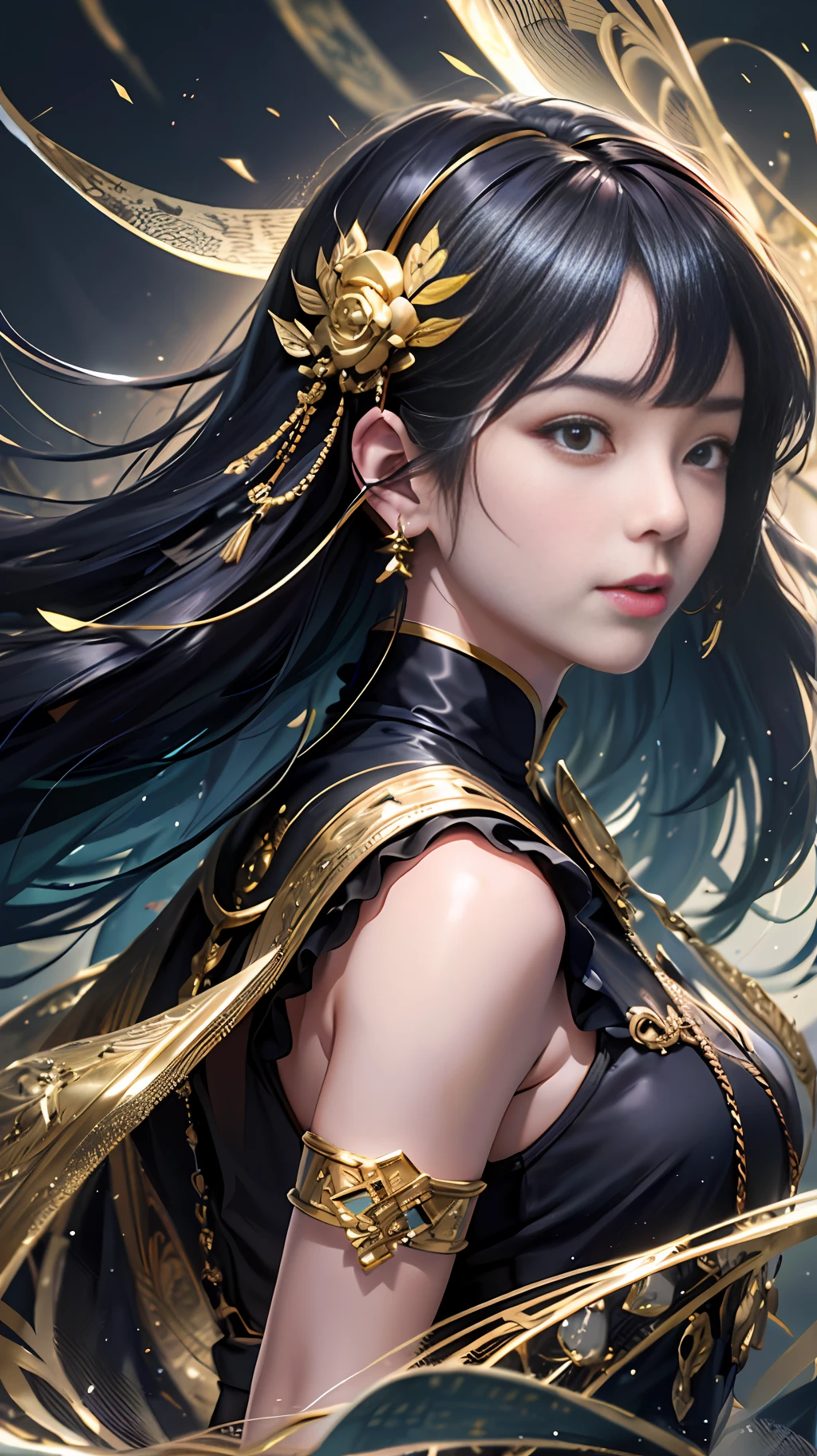black hair, hair over shoulder, long hair, parted bangs, floating hair, hair flaps, hair ribbon, kanzashi, hair bobbles, mouth veil, smile, light smile, Surrealism, high detail, Luminism, chiaroscuro, cinematic lighting, depth of field, motion blur, god rays, ray tracing, reflection light, panorama, wide shot, UHD, masterpiece, ccurate, anatomically correct, textured skin, super detail, high details, high quality, award winning, best quality, highres, 4K, 8k,中国古代,绝世美女,中式紫色连衣裙,衣服上有金色花朵,紫色长靴,手拿宝剑,优美的动作,舞蹈动作,掉落的石块,生锈的铁链,