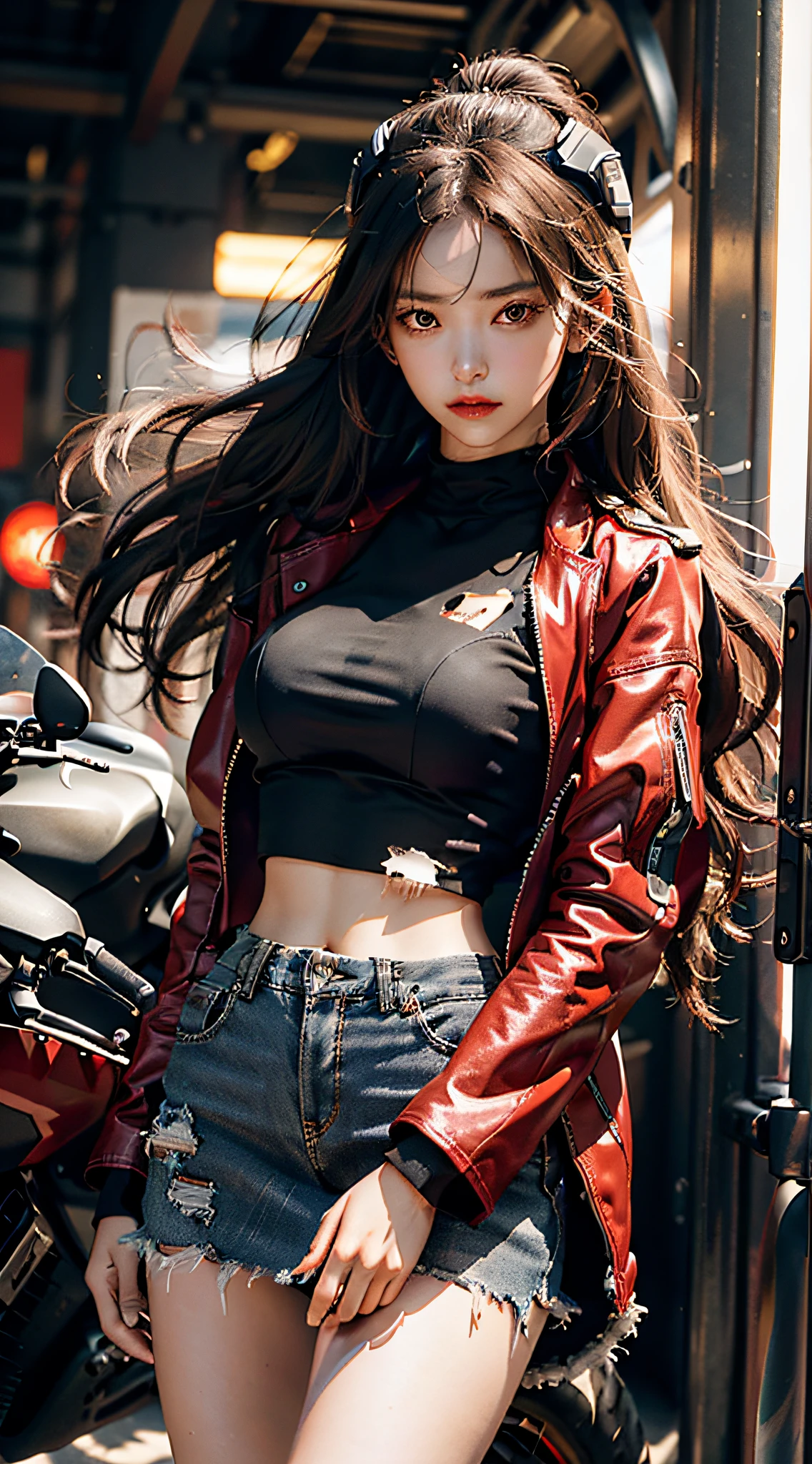 Highest image quality, outstanding details, super high resolution, (fidelity: 1.4), the best illustration, favor details, highly condensed 1girl, with a delicate and beautiful face, dressed in a red-black mech, (torn clothes: 1.5), (skirt), wearing a mecha helmet, holding a directional controller, riding on a motorcycle, the background is a high-tech lighting scene of the future city.