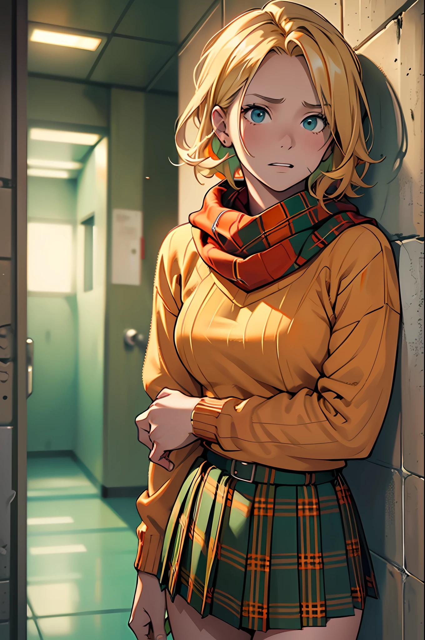 masterpiece, young, best quality, highres, young, in a prison cell, ((worried expression)) ,ashley, short blonde hair, ((orange sweater)), red scarf, ((green tartan skirt), gorgeous design, best quality --auto --s2