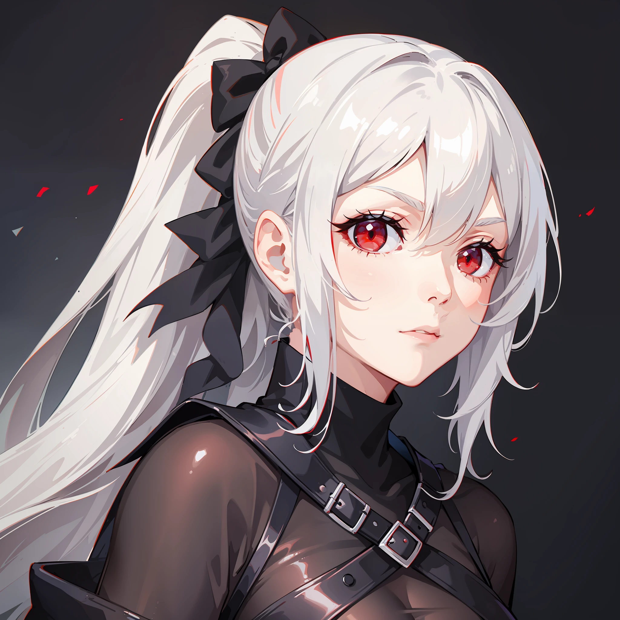 1girl, looking at viewers, red eyes, white hair, closed mouth, evil, villain, close-up, ponytail, side bangs, dark fantasy