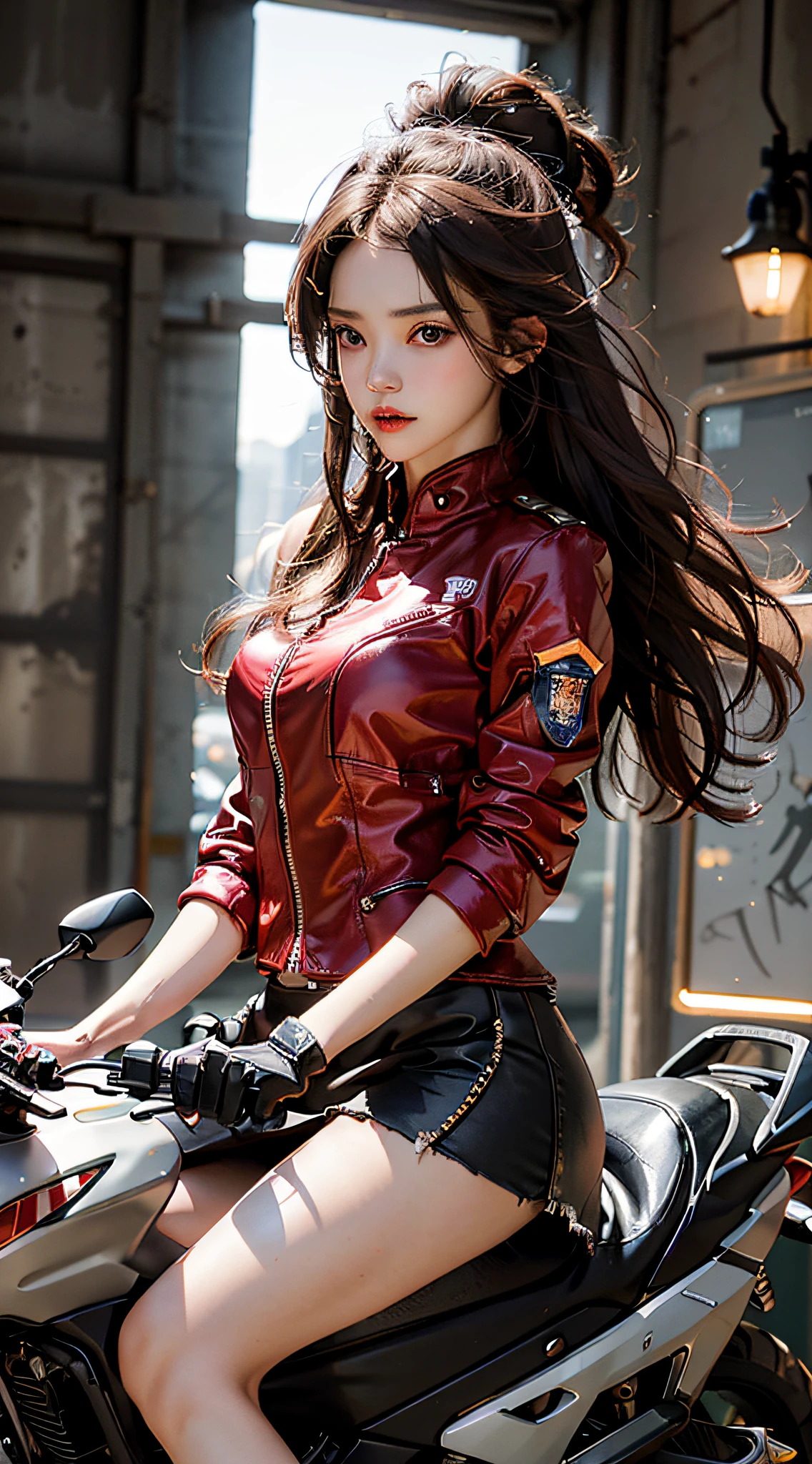 Highest image quality, outstanding details, super high resolution, (fidelity: 1.4), the best illustration, favor details, highly condensed 1girl, with a delicate and beautiful face, dressed in a red-black mech, (torn clothes: 1.5), (skirt), wearing a mecha helmet, holding a directional controller, riding on a motorcycle, the background is a high-tech lighting scene of the future city.