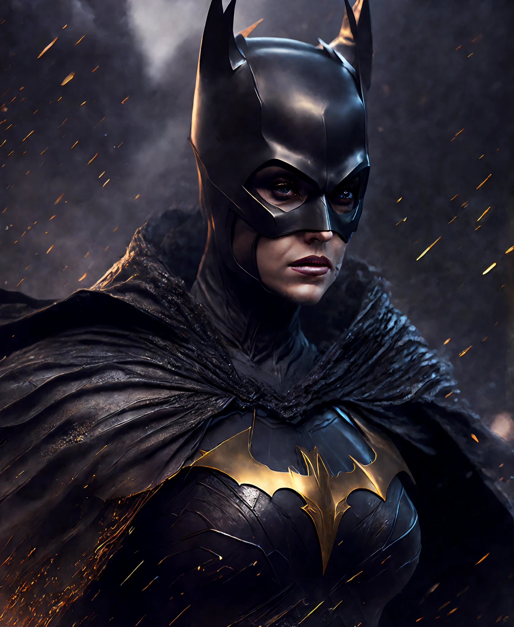 Close-up (Batgirl from DC in Viking style: 1.3) emerging from wet black mud, extremely detailed, smoke, sparks, metal shavings, flying debris, volumetric light