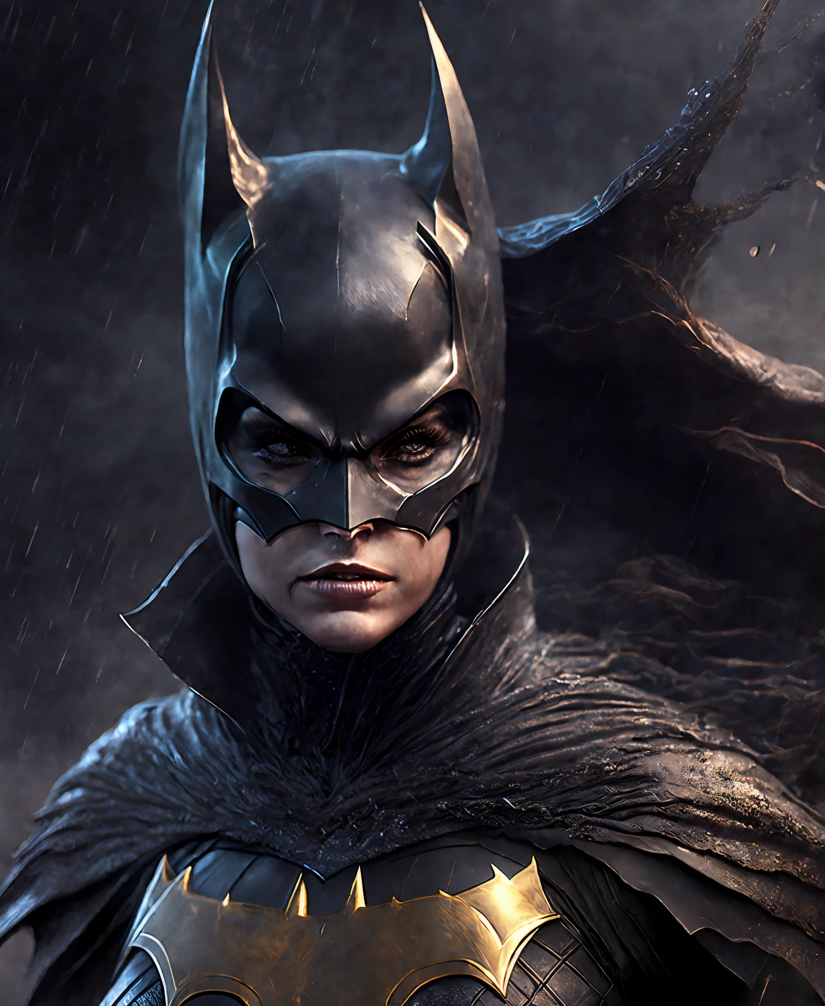 Close-up (Batgirl from DC in Viking style: 1.3) emerging from wet black mud, extremely detailed, smoke, sparks, metal shavings, flying debris, volumetric light
