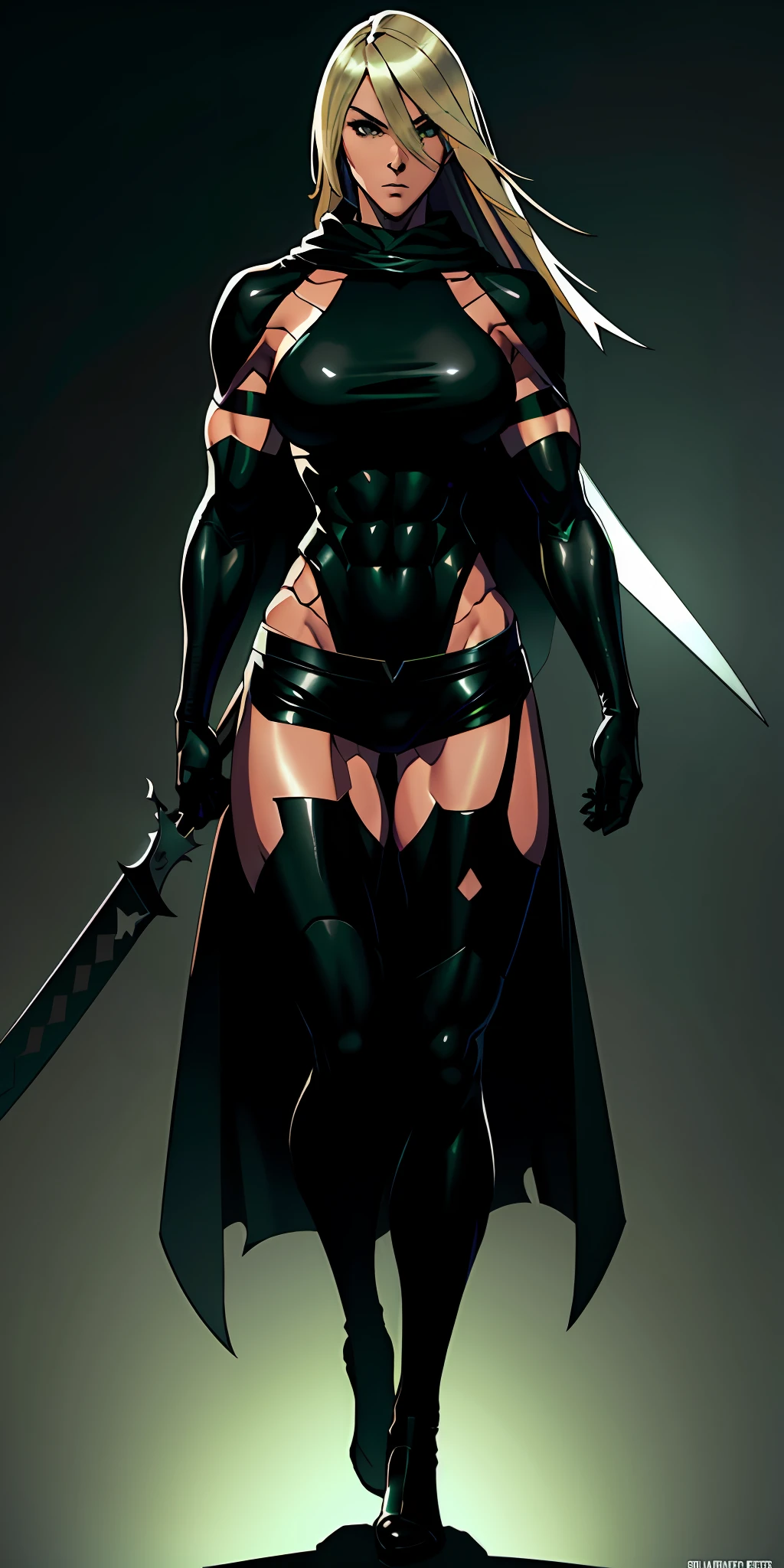a ninja, handsome face, serious face, long blonde hair, green eyes, perfect body, fit body, abdomen, large breasts, muscular, wearing a ninja outfit, black cape, black hood, Character A2 Nier automata