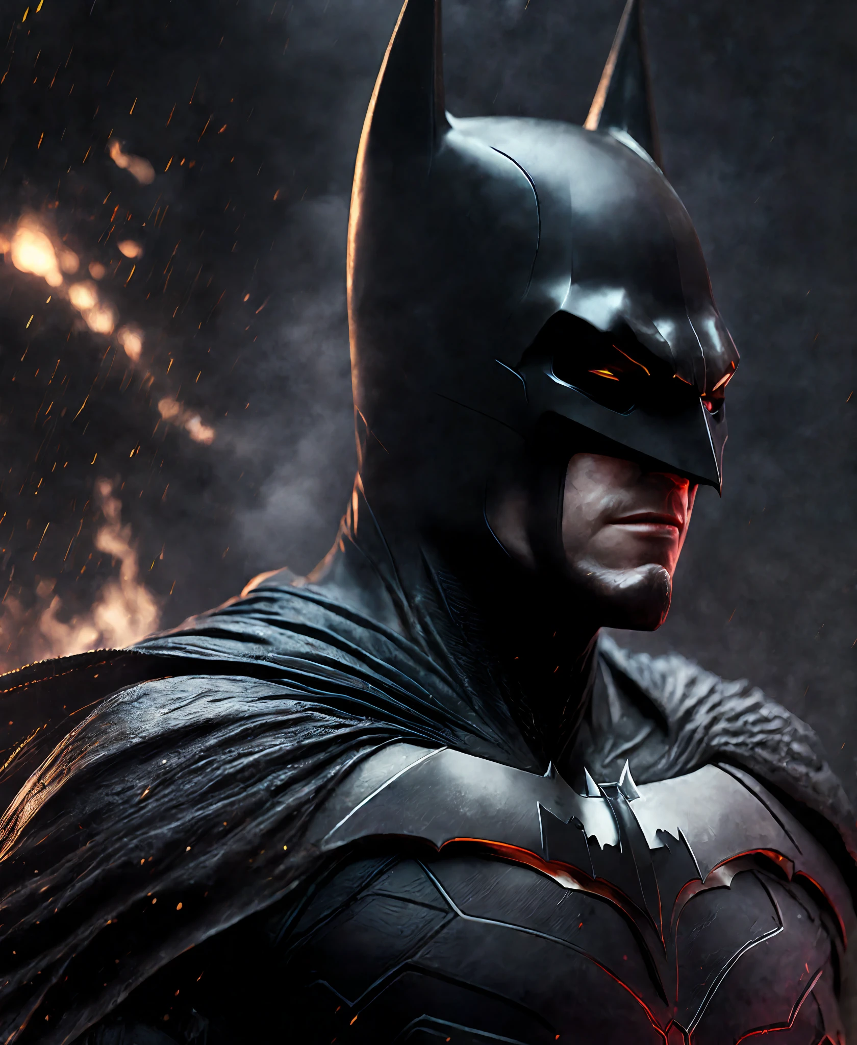 Close-up (Batman Beyond from DC in Viking style: 1.3) emerging from wet black mud, extremely detailed, smoke, sparks, metal shavings, flying debris, volumetric light