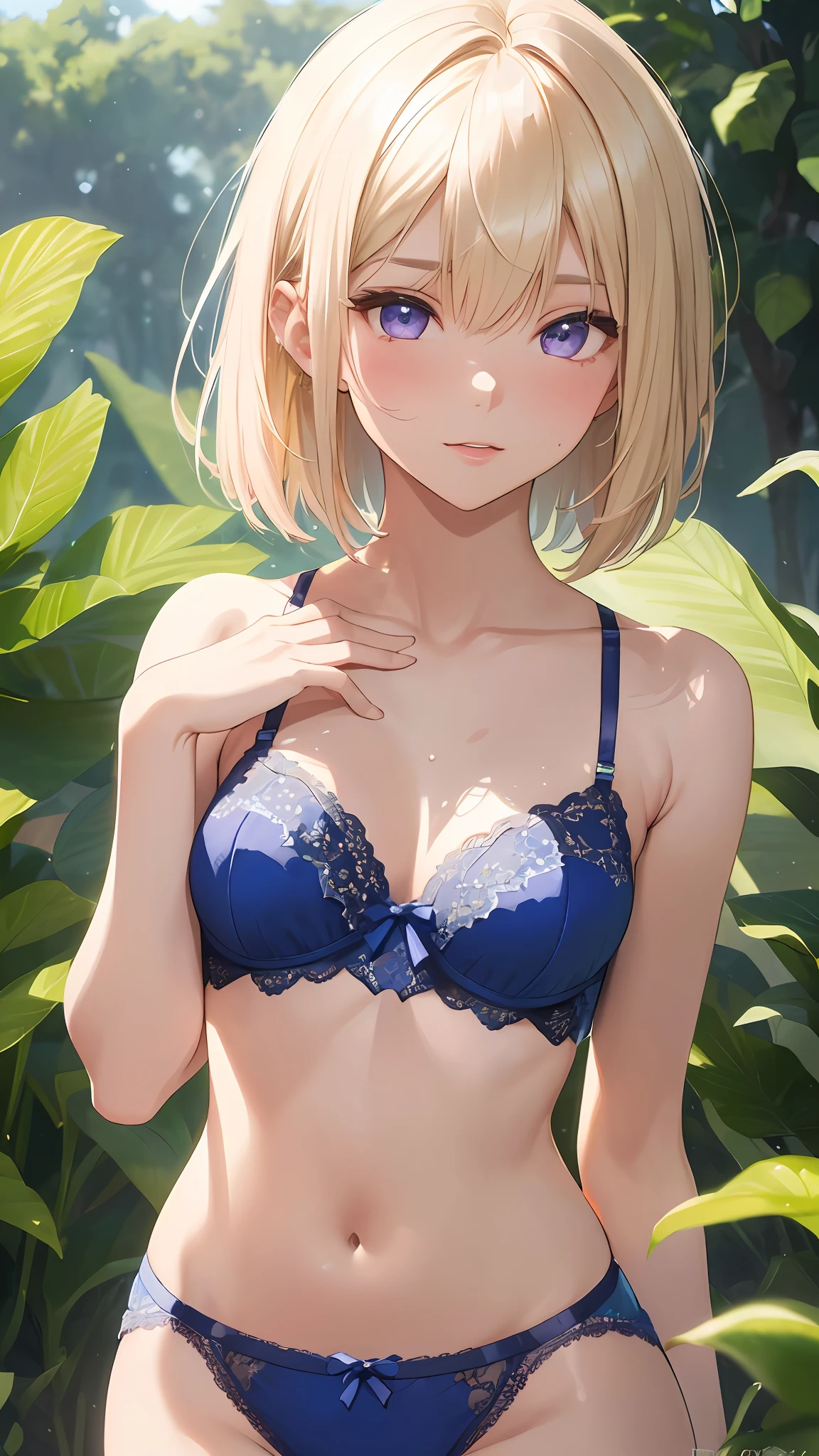 Realistic, Hyper Detail, Girls Only, Layered Bob, Dynamic Lighting, (Glossy Skin, Sweaty: 1.5), Masterpiece, Top Quality, Absurdity, Viewing Viewer, Blonde, Purple Clear Eyes, Slender, High Resolution, Sharp Focus, Depth of Field, Detail Eyes, Sharp Eyes, (((Realistic Eyes)), (Small: 1.5), (Medium: 1.4), Outdoor, Blue Sky, Summer, (Mekoji: 1.2((Attractive delicate design flashy lace underwear: 1.3))