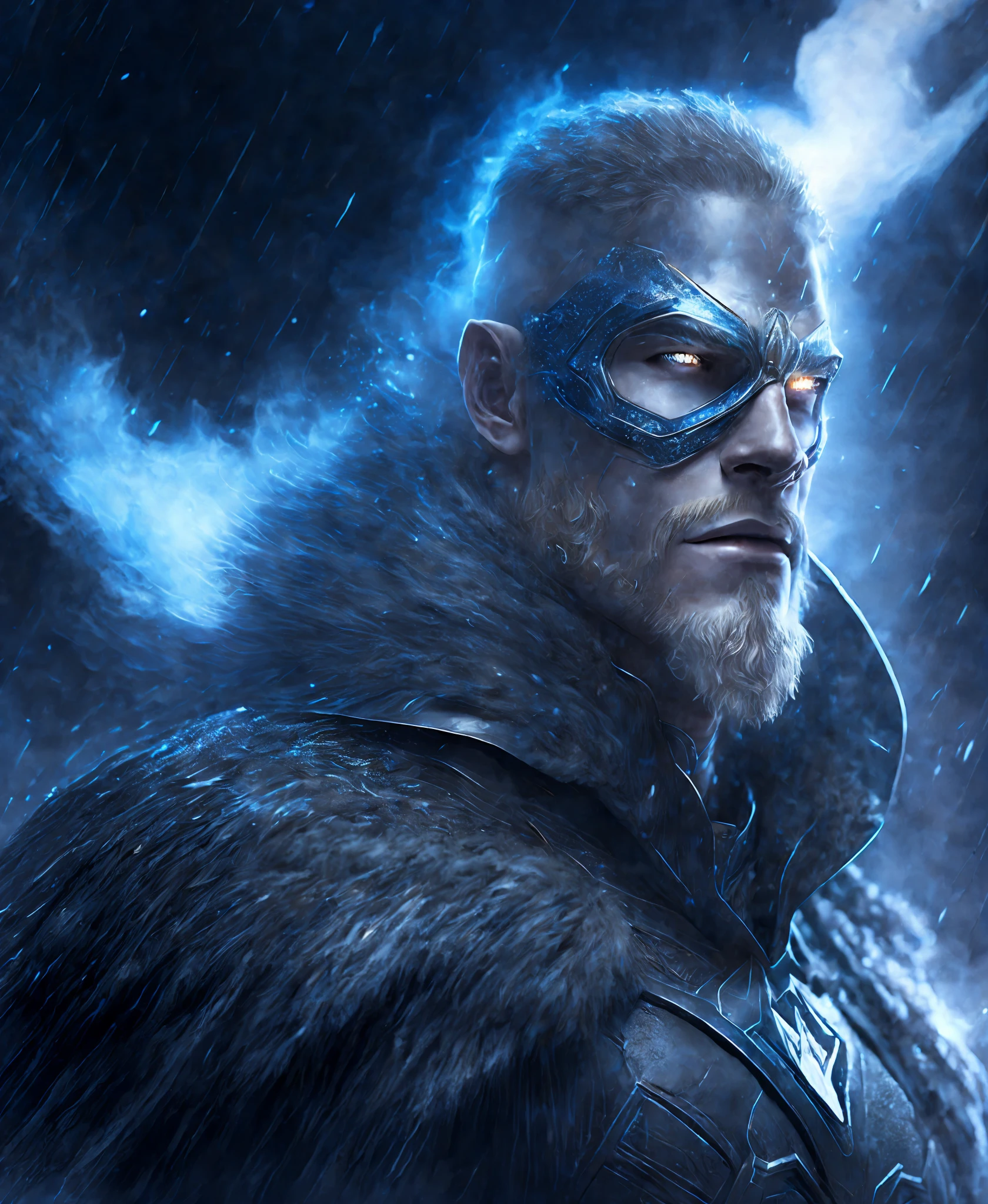 Close-up (Captain Cold from DC in Viking style: 1.3) emerging from wet black mud, extremely detailed, smoke, sparks, metal shavings, flying debris, volumetric light