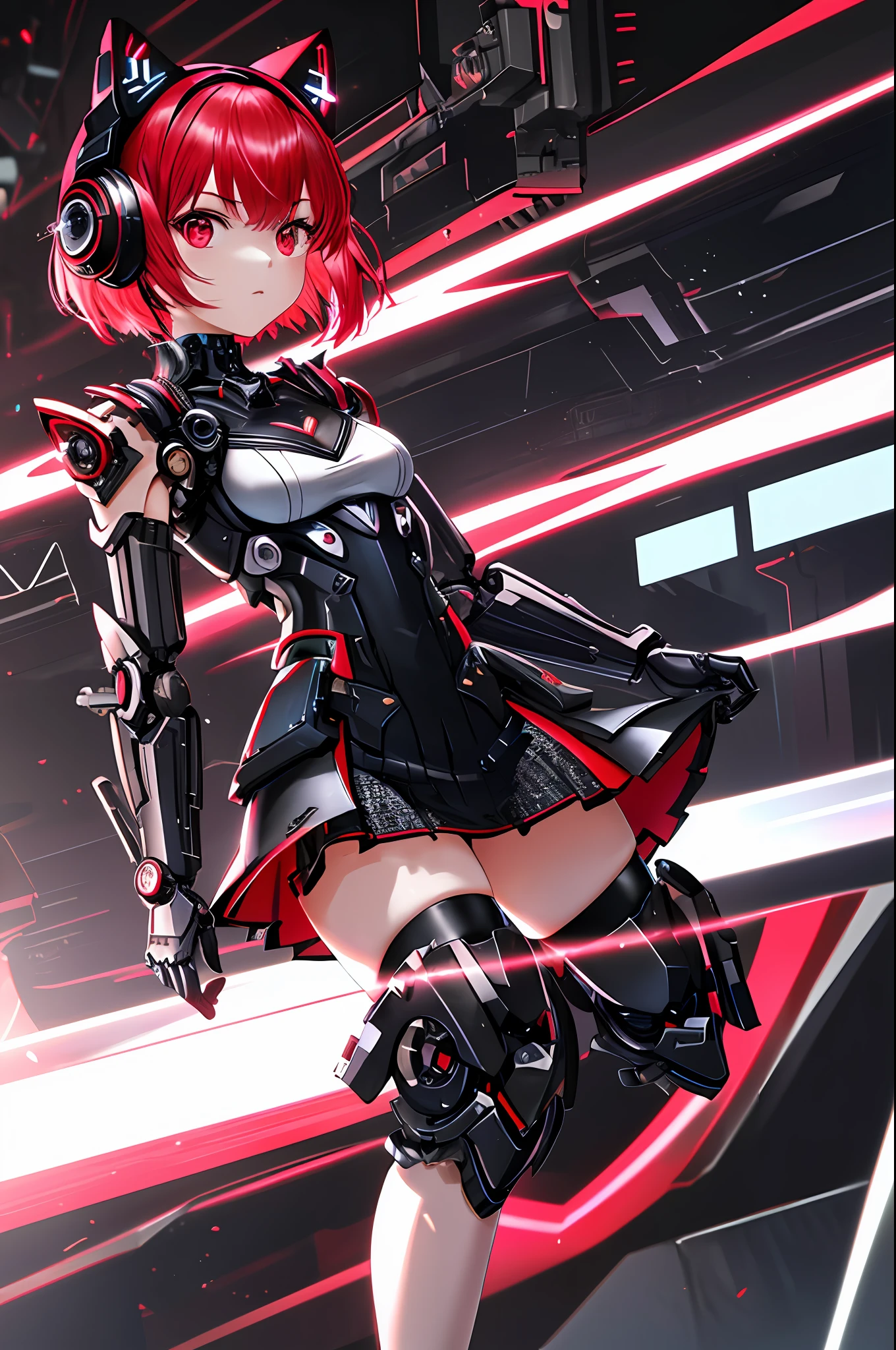 Absurdity, intricate details, highly detailed 8K wallpaper, (transcendent beautiful girl: 1.5), BREAK, scarlet hair, short hair, (exoskeleton mini dress), (red eye: 1.1), BREAK, (mechanical joints, mechanical limbs: 1.4), perfect five fingers, break, armpits, absolute area, (cat ear headphones), (black mini skirt), cyberpunk, dynamic angle, Neon glowing city,