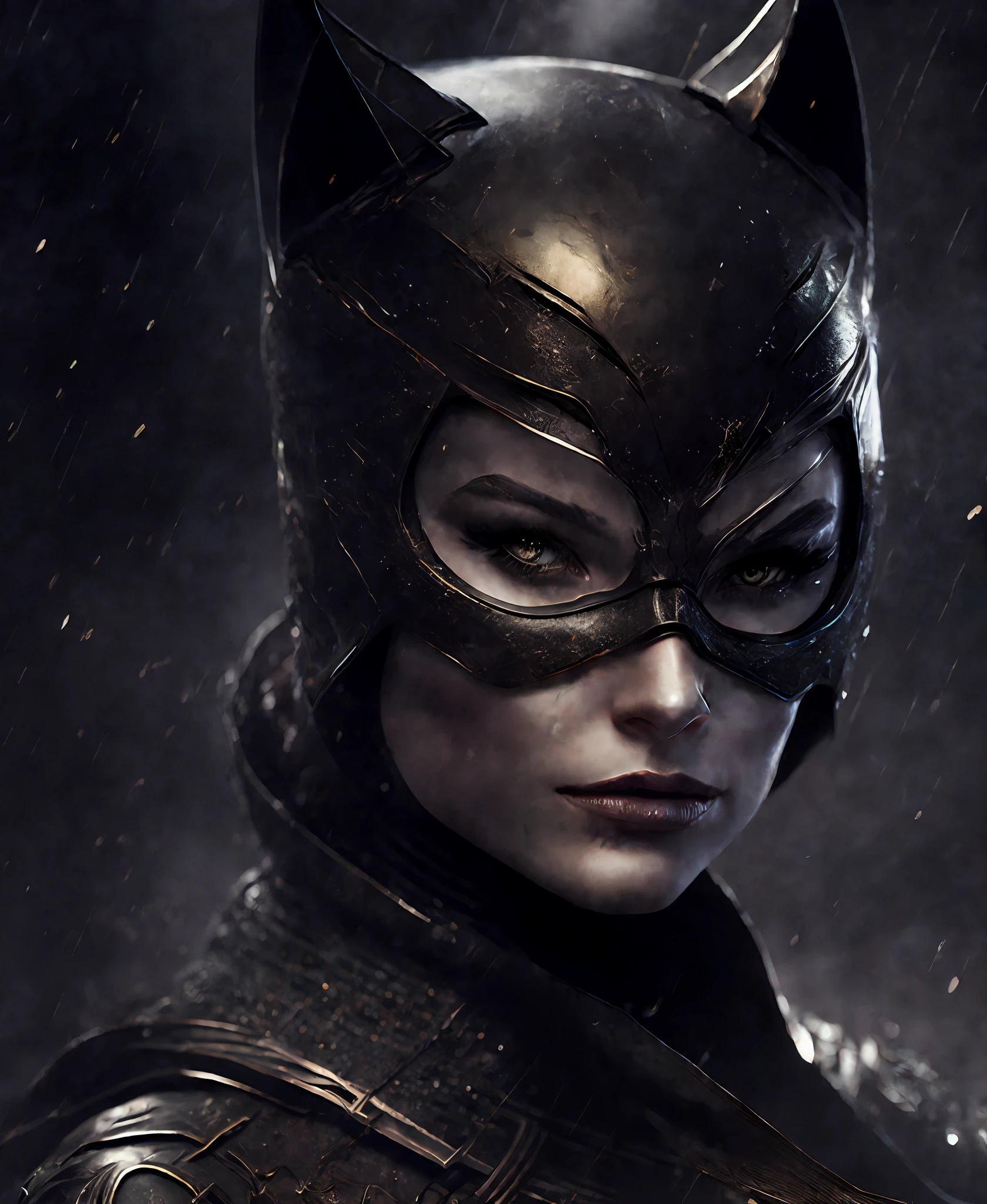 Close-up (Catwoman from DC in Viking style: 1.3) emerging from wet black mud, extremely detailed, smoke, sparks, metal shavings, flying debris, volumetric light