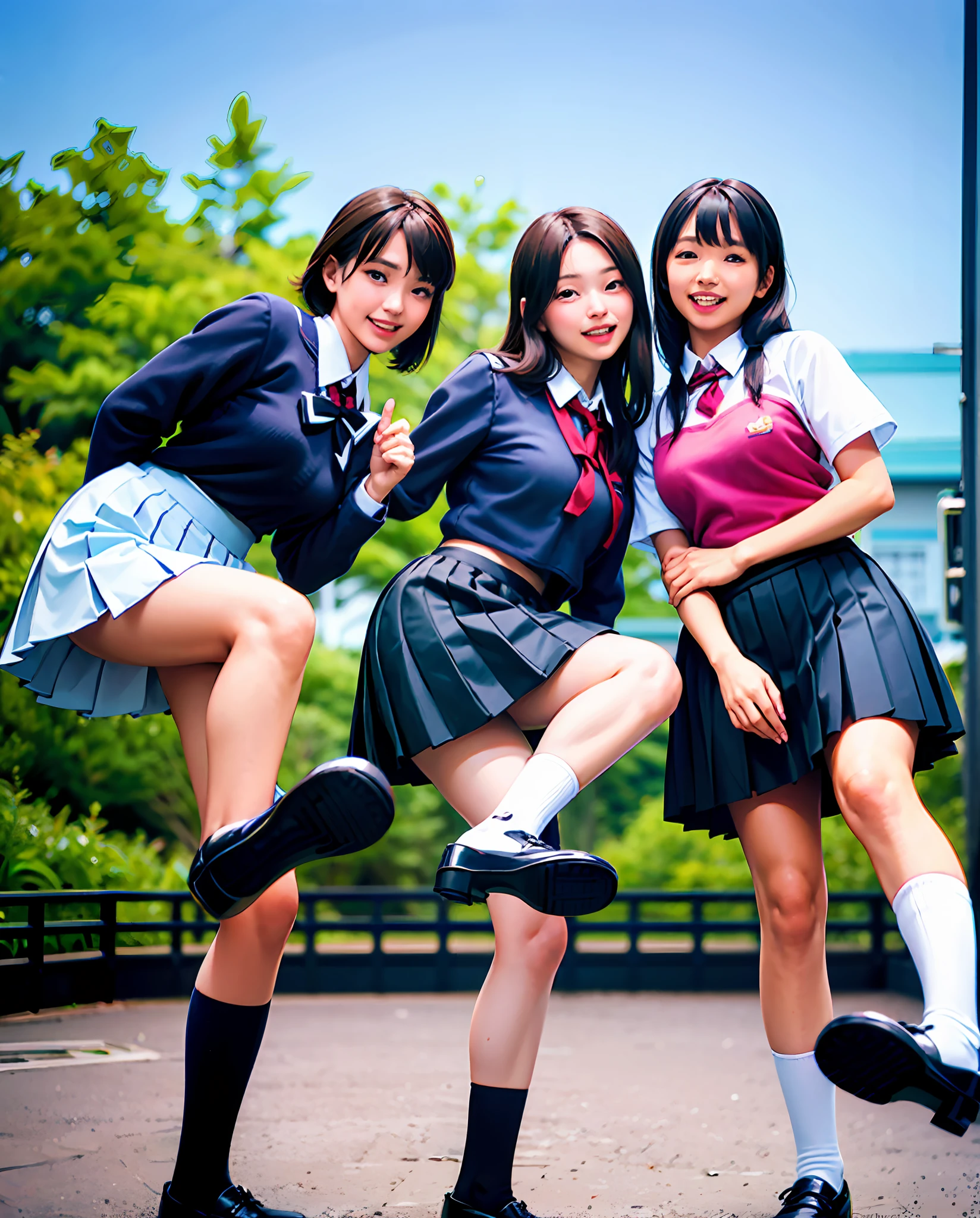 three girls in school uniforms posing for a picture, seifuku, japanese school uniform, wearing japanese school uniform, wearing school uniform, japanese girl school uniform, japanese high school, jk uniform, wearing a school uniform, high school girls, two japanese schoolgirls posing, wearing skirt and high socks, kantai collection style, trending on cgstation, young gravure idol