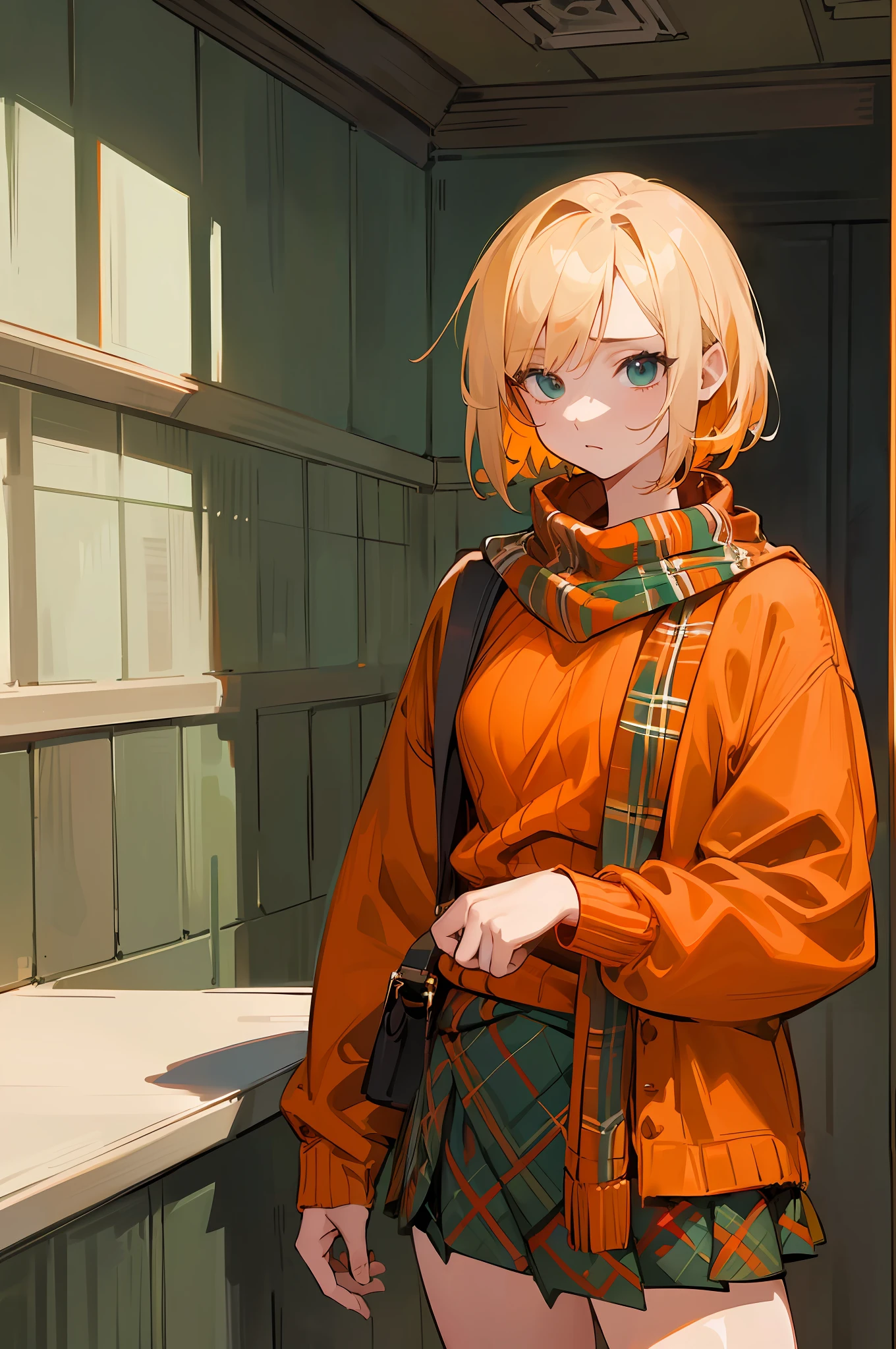 masterpiece, young, best quality, highres, young, in a prison cell, ((worried expression)) ,ashley, short blonde hair, ((orange sweater)), red scarf, ((green tartan skirt), gorgeous design,  best quality --auto --s2