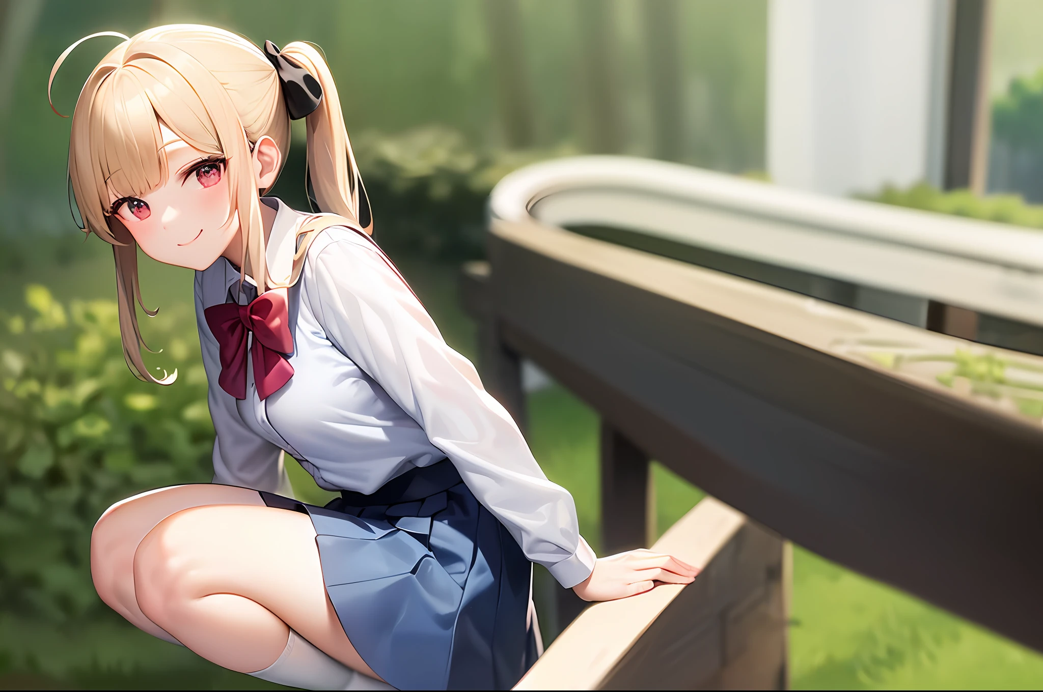 masterpiece, best quality, high resolution, in1, side ponytail, long hair, ahoge, white shirt, school uniform, blue skirt, long sleeve, red bow, white socks, black vest, garden, squat, smile, blonde, red eyes, middle school, solo, looking back,
