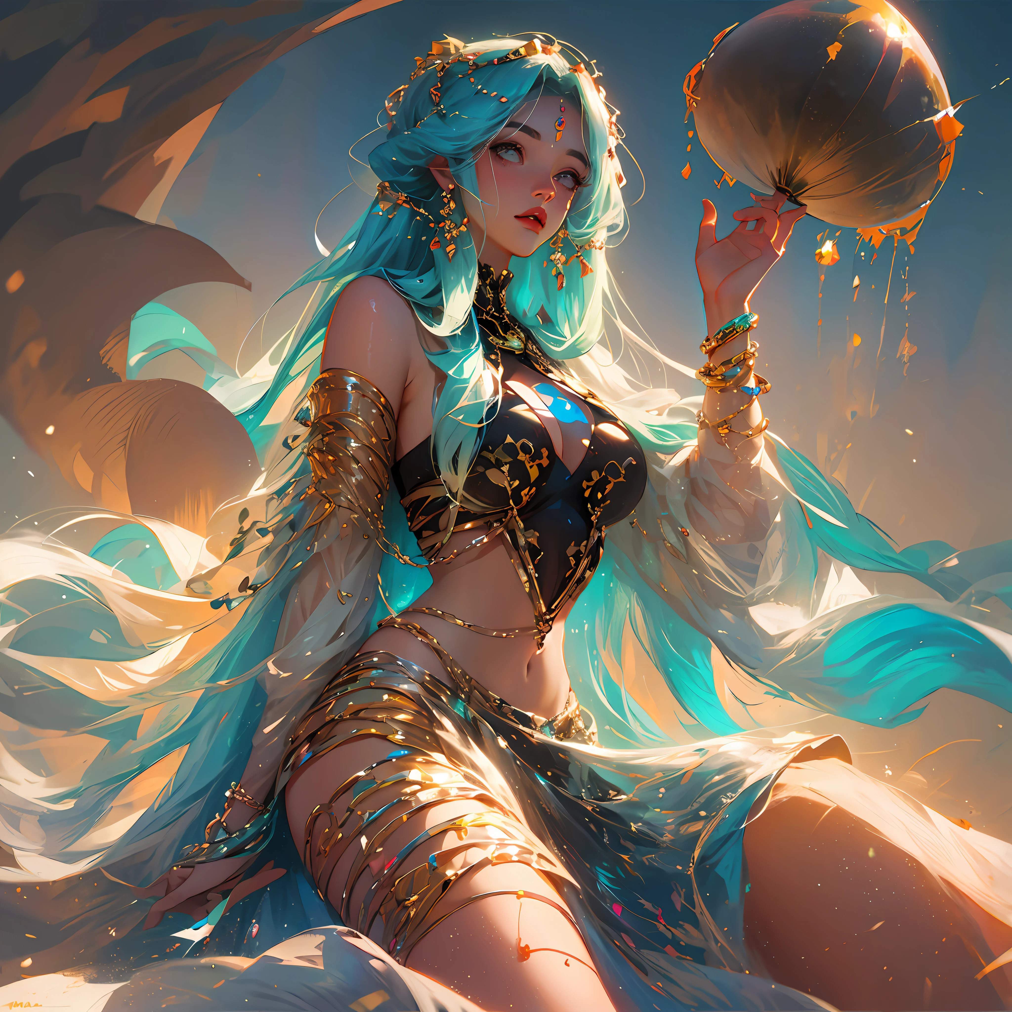 Arab woman, big breasts, long hair, Arabian style dress, desert background, scorching sun, thirst, desire --auto --s2
