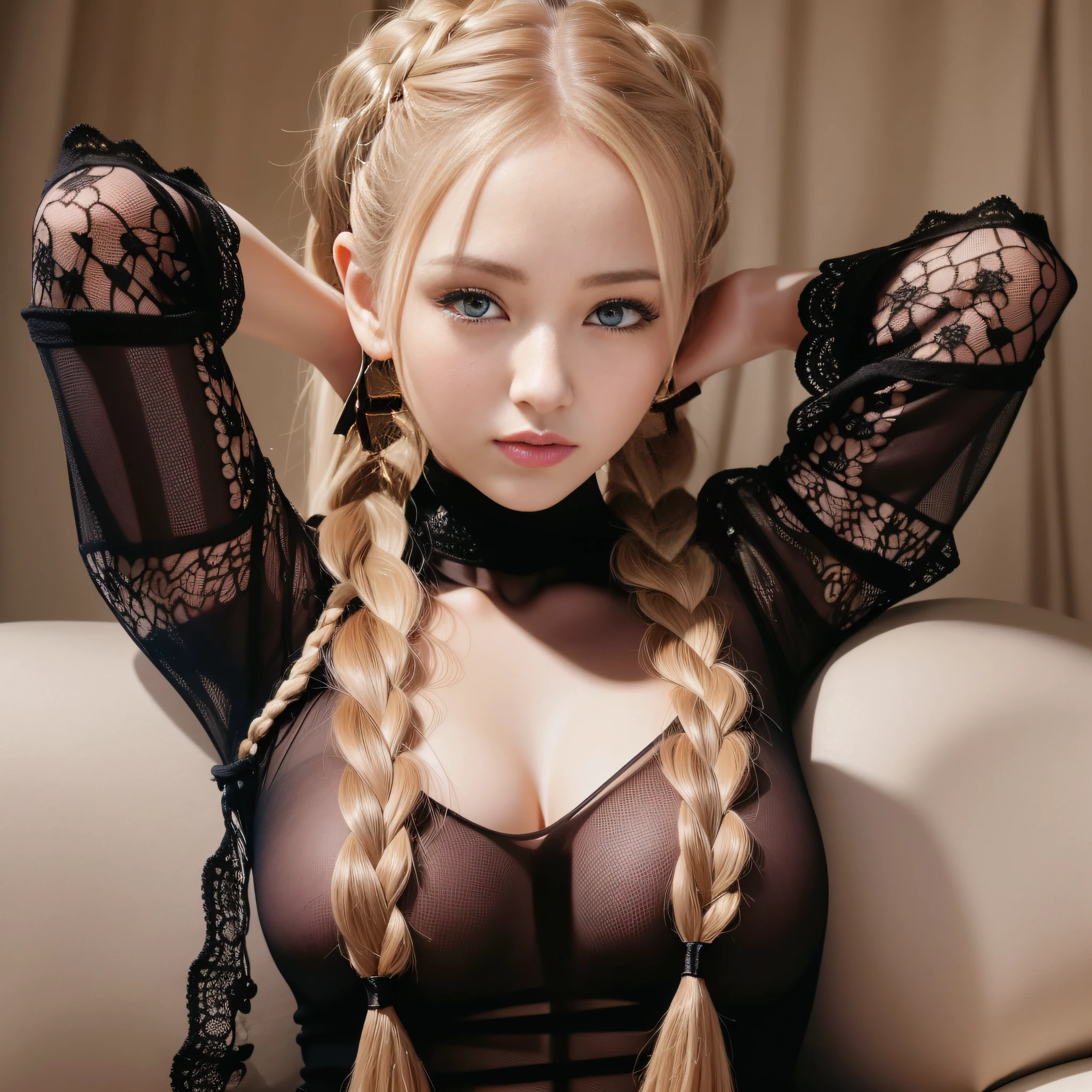 (8k, masterpiece, CG, cinematic light effects), super detailed, detailed beautiful round eyes, exquisite and detailed face, best quality, high detail, high resolution, a girl in sexy lace dress sitting on sofa facing the camera, normal breasts, (sheer lace dress: 1.2) upper body portrait, delicate makeup, with black bow, perfect boobs, perfect face, sexy body, blonde braided double ponytail hair, (twisted high double ponytail, :1)