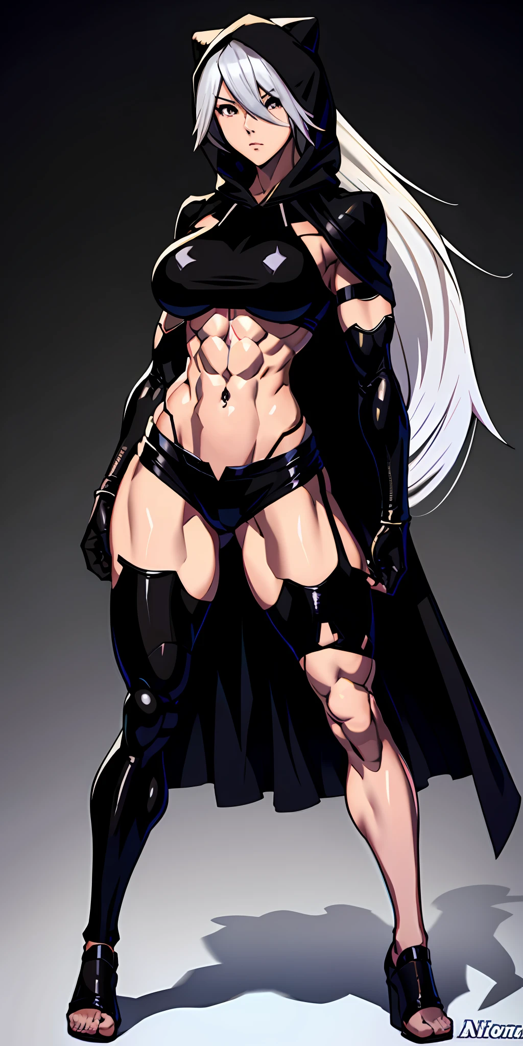 anime waifu bodybuilder, cute face, serious face, perfect body, fit body, abdomen, large breasts, muscular, A2 of nier automata, ninja outfit, with black cape and hood