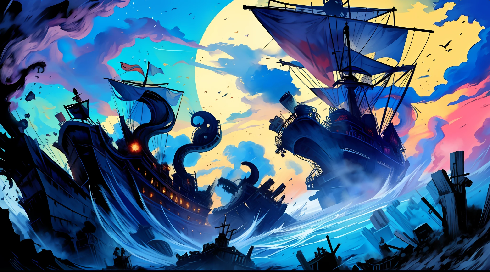 kraken destroying a giant pirate ship in the sea