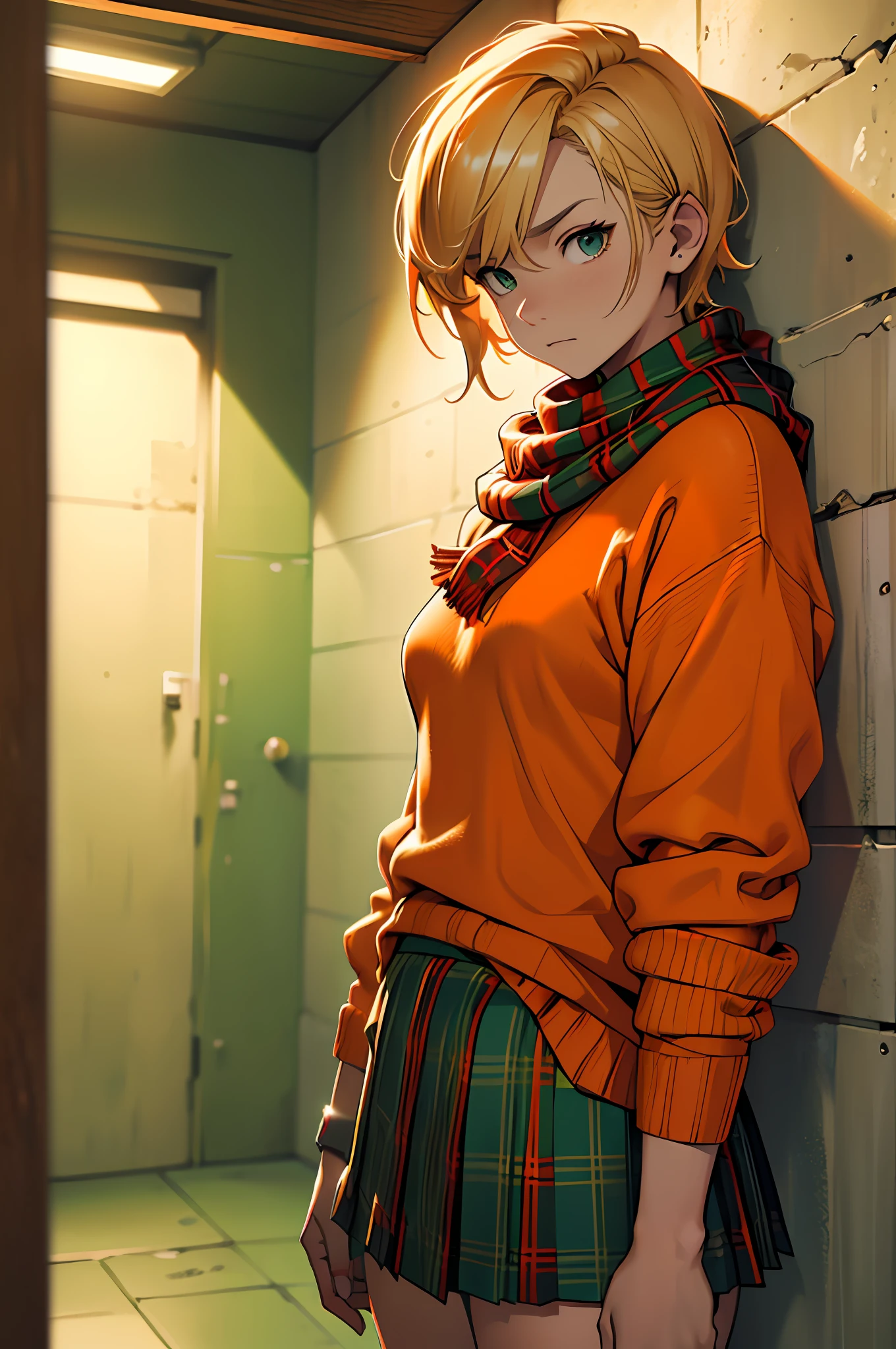 masterpiece, young, best quality, highres, young, in a prison cell, ((worried expression)) ,ashley, short blonde hair, ((orange sweater)), red scarf, ((green tartan skirt), gorgeous design, best quality --auto --s2