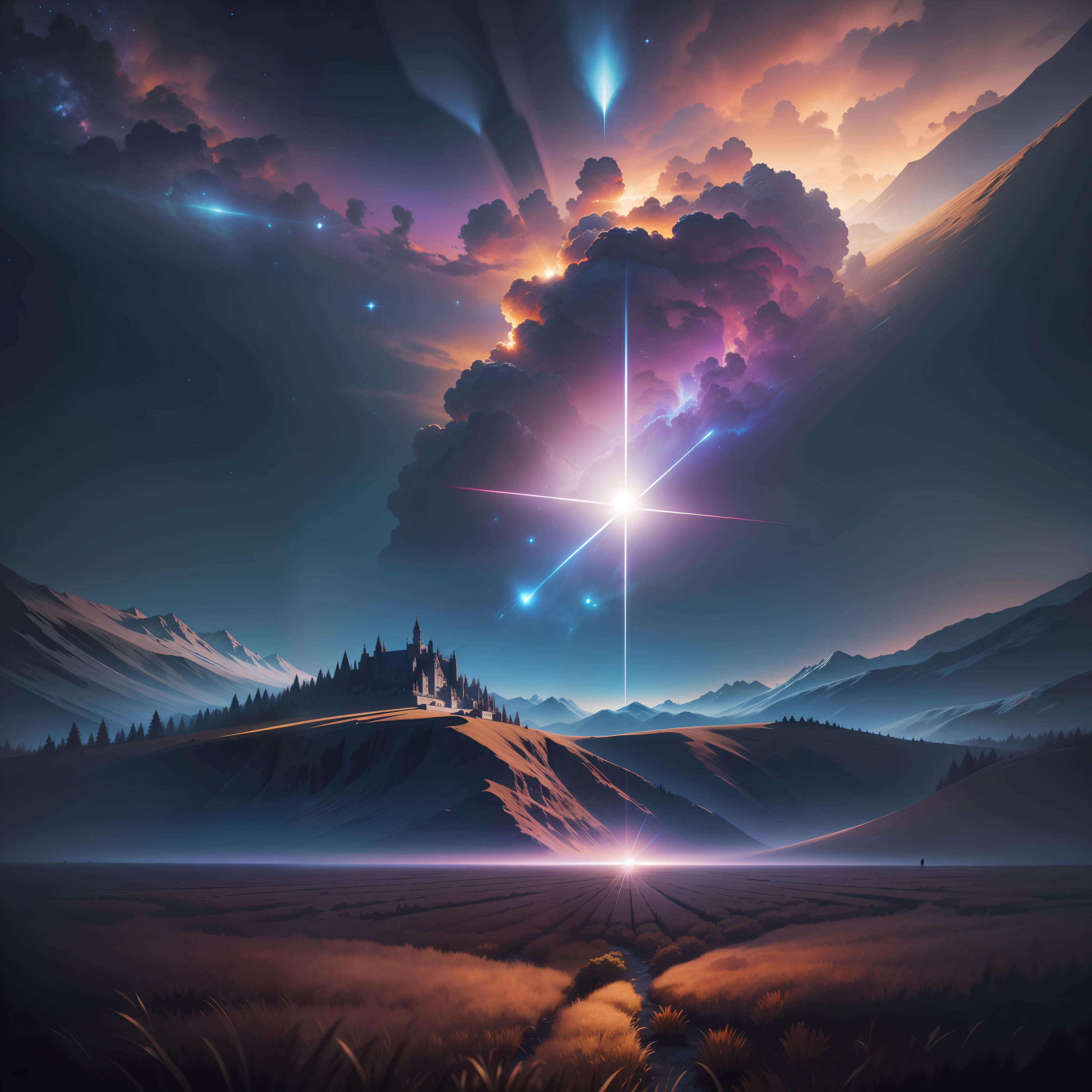 Vast landscape photos, runes around the sun, (seen from below, sky above, open fields below), (sun: 1.2), (meteors: 0.9), (nebula: 1.3), distant mountains, trees BREAK making art, intricate details, volumetric lighting, realism BREAK (Masterpiece: 1.2), (Best Quality), 4K, Ultra-Detailed, (Dynamic Composition: 1.4), Very Detailed, Colorful Detail, (Iridescent Color: 1.2), (Glow Illumination, Atmospheric Lighting), Dreamy, Magical, (Solo: 1.2)
