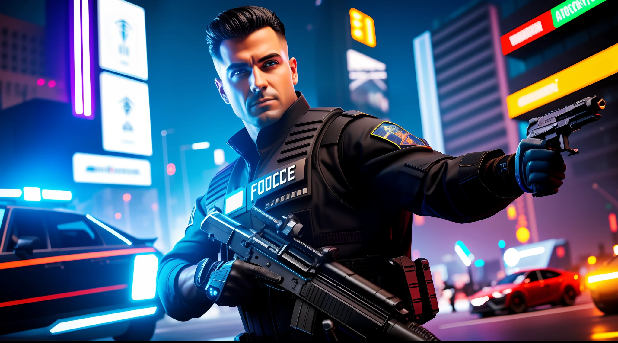 Futuristic Cyberpunk Male Cop, Action Shot, Vibrant, Photorealistic, Realistic, Dramatic, Dark, Sharp Focus, 8k